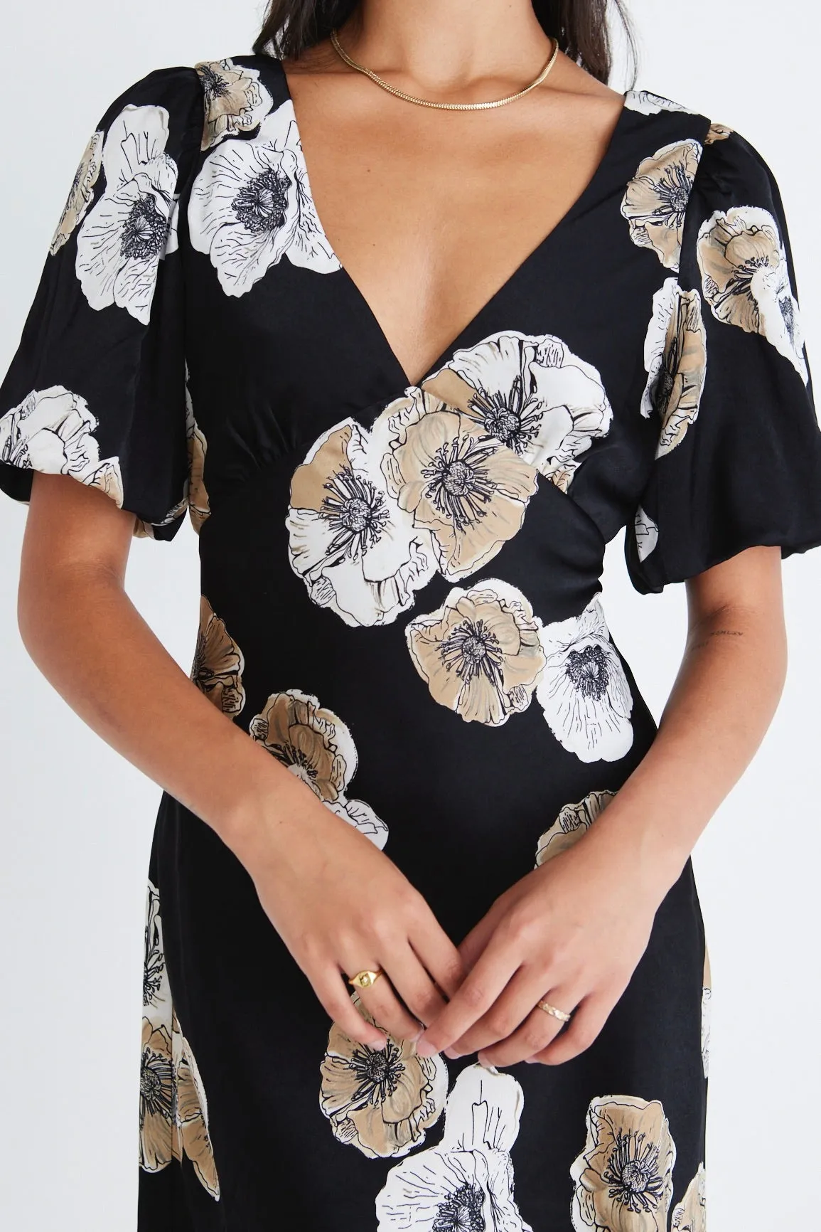 Amour Black Floral Satin Bubble Sleeve Mini Dress