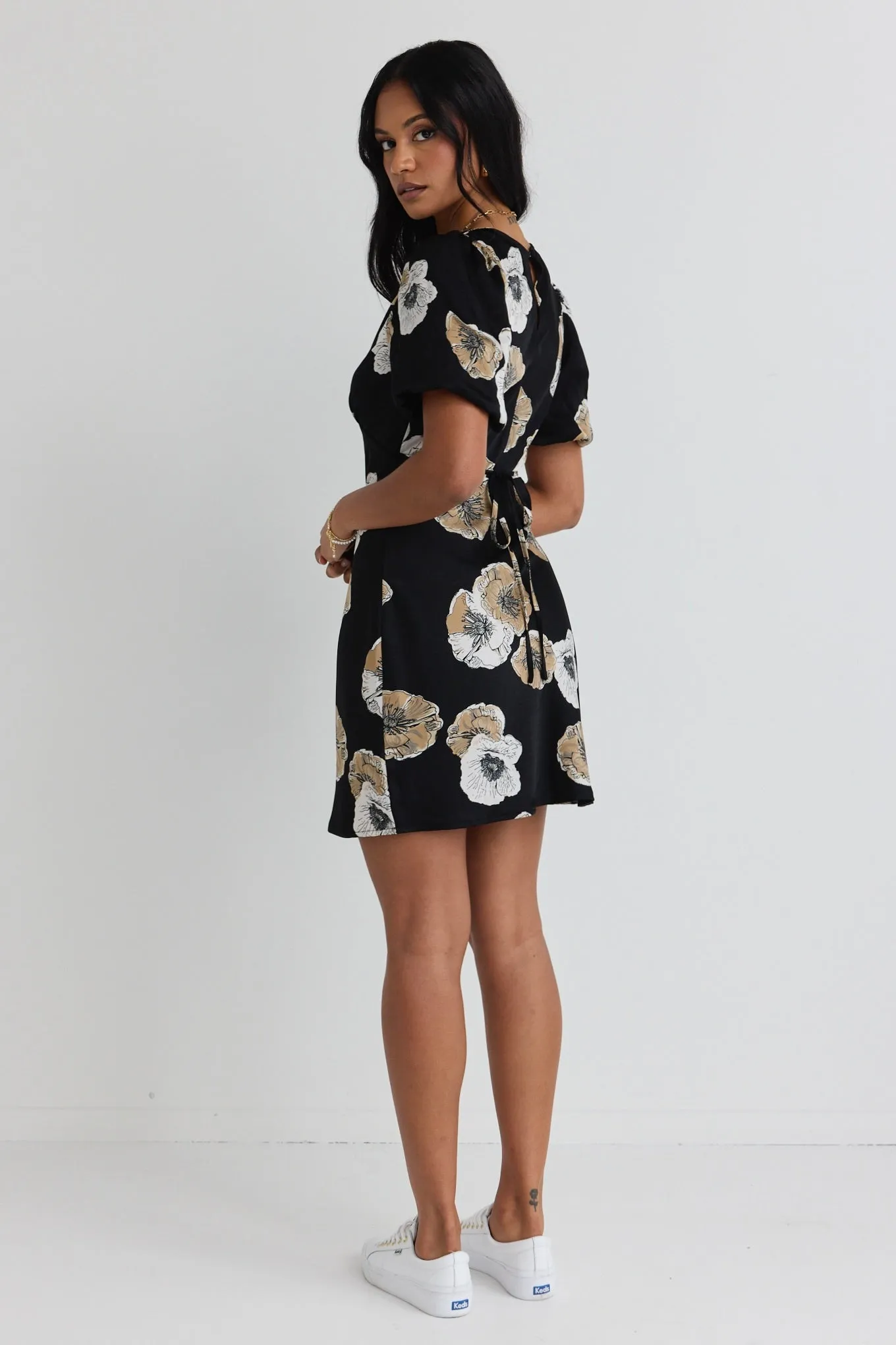 Amour Black Floral Satin Bubble Sleeve Mini Dress