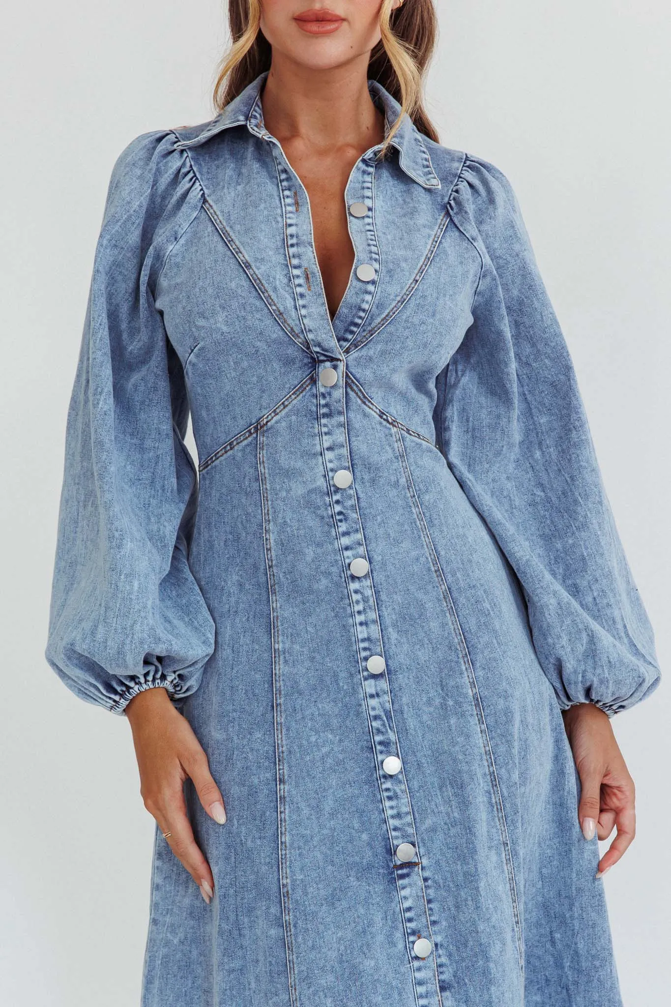 Ania Long Balloon Style Midi Dress Denim Blue