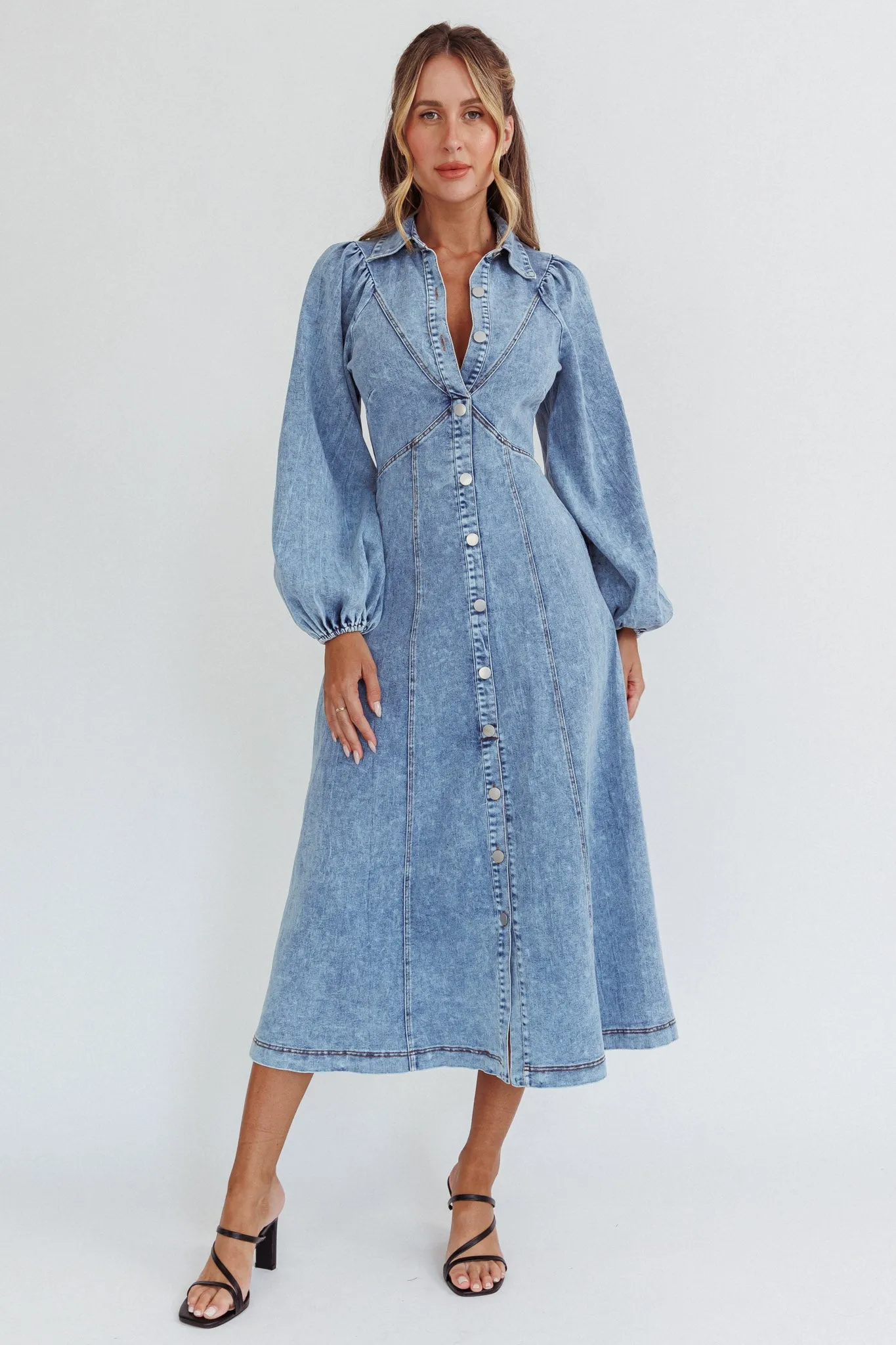 Ania Long Balloon Style Midi Dress Denim Blue