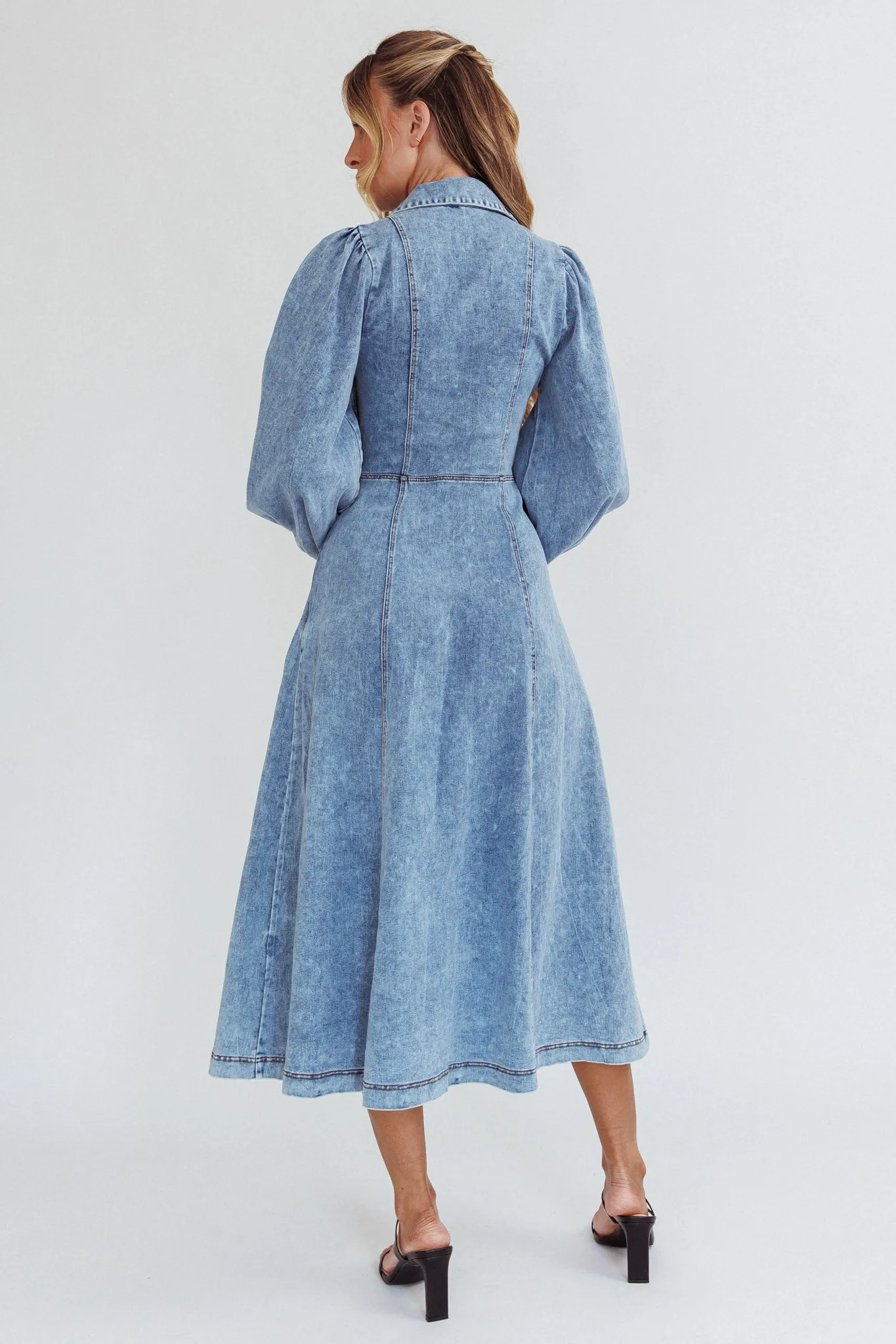 Ania Long Balloon Style Midi Dress Denim Blue