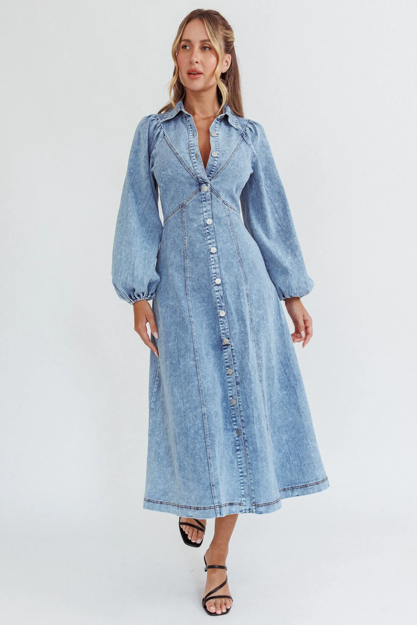 Ania Long Balloon Style Midi Dress Denim Blue