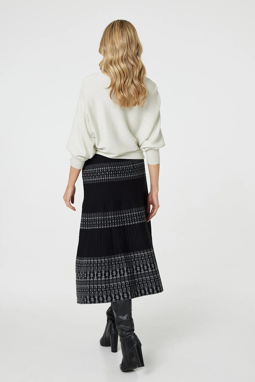 Border Print Knit High Waist Midi Skirt