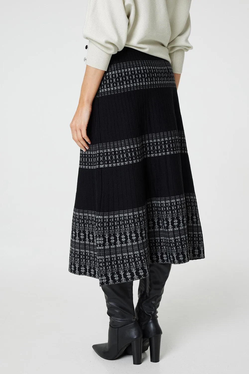 Border Print Knit High Waist Midi Skirt