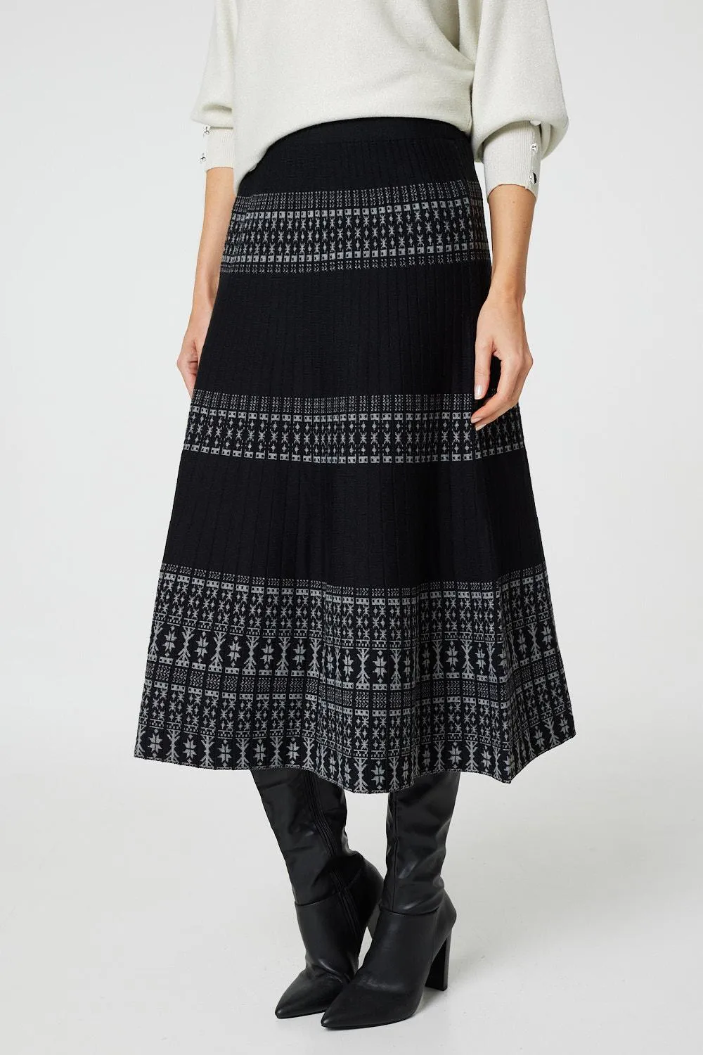 Border Print Knit High Waist Midi Skirt