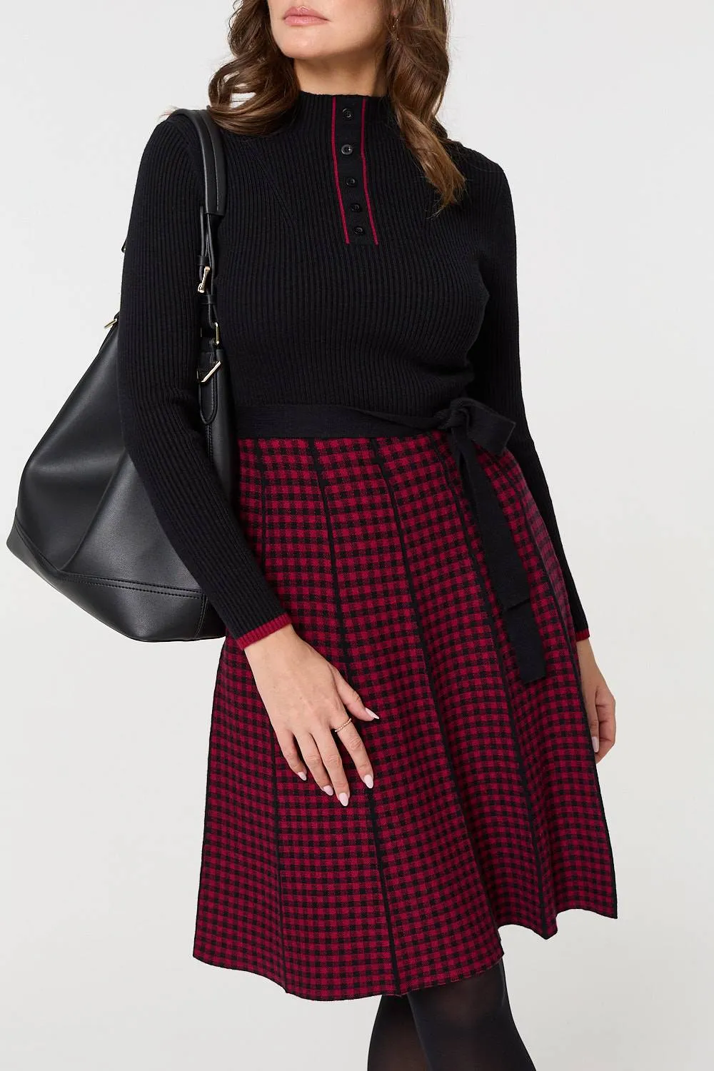 Checked Pleated Knee Length Jumper Dress