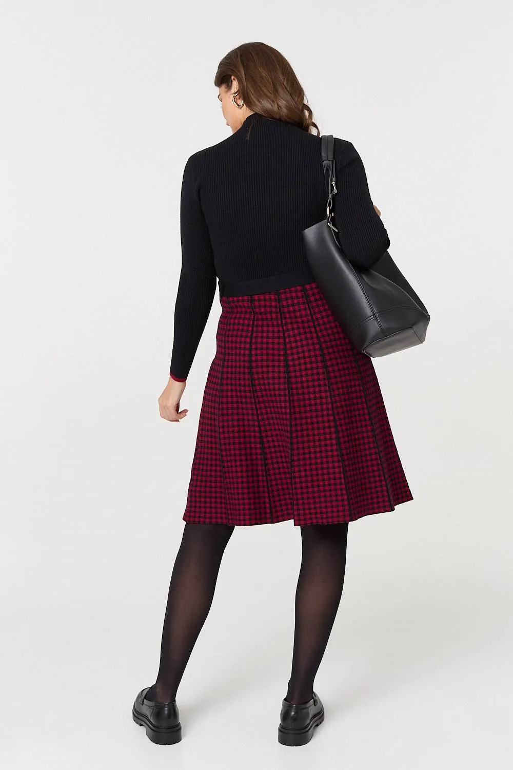 Checked Pleated Knee Length Jumper Dress