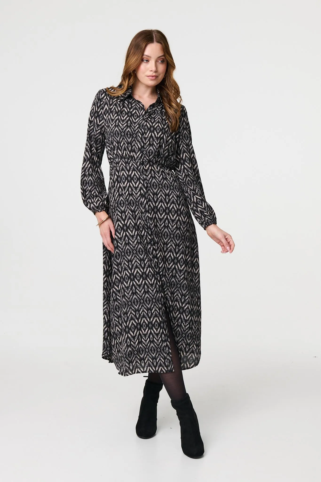 Chevron Print Long Sleeve Midi Shirt Dress