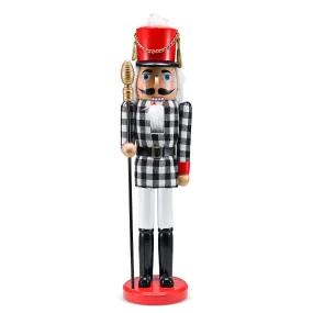 Christmas Checkered Soldier Nutcracker – Black and White Wooden Nutcracker Toy Soldier Knight with a Staff in Hand Xmas Themed Holiday Nut Cracker Doll Figure Decorations