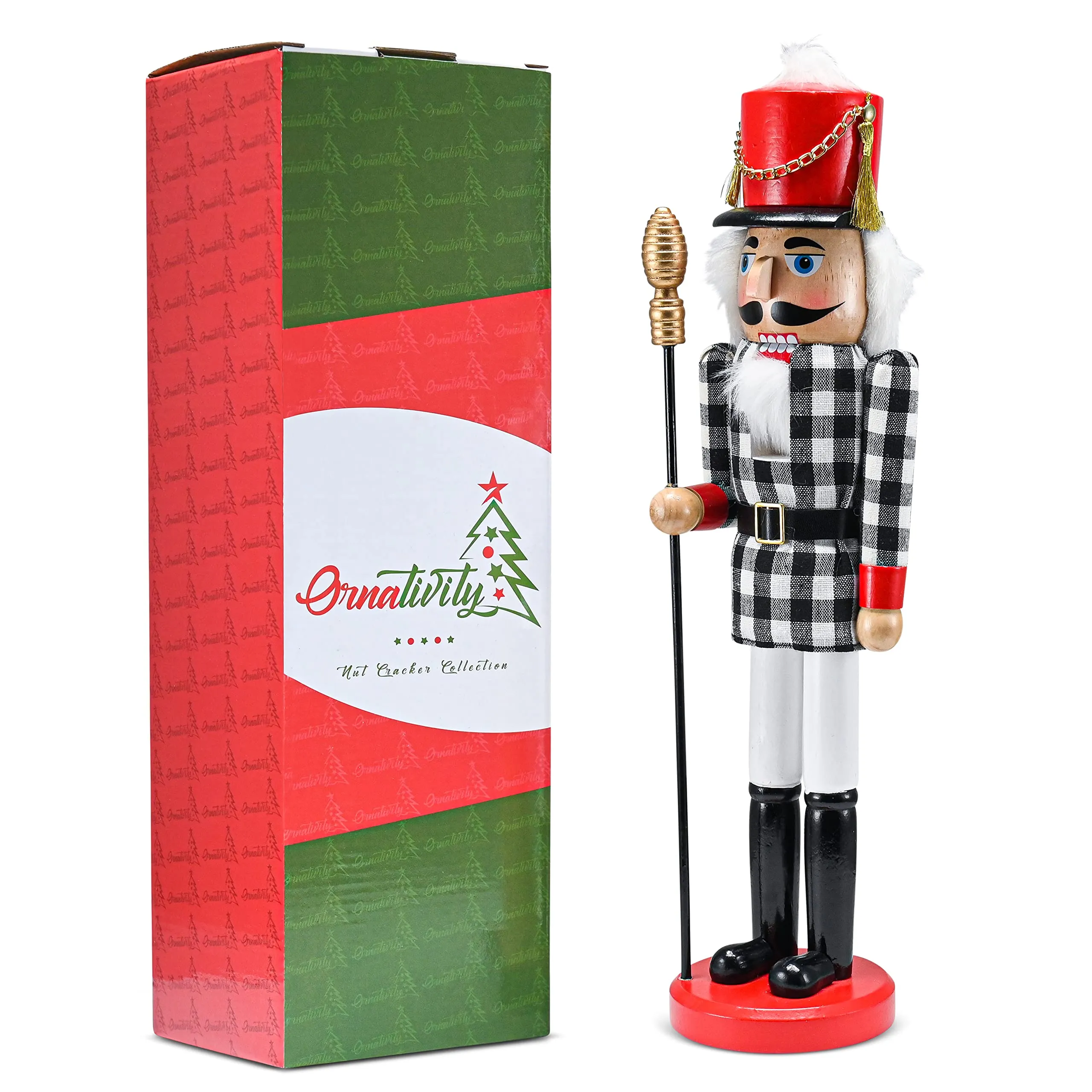 Christmas Checkered Soldier Nutcracker – Black and White Wooden Nutcracker Toy Soldier Knight with a Staff in Hand Xmas Themed Holiday Nut Cracker Doll Figure Decorations