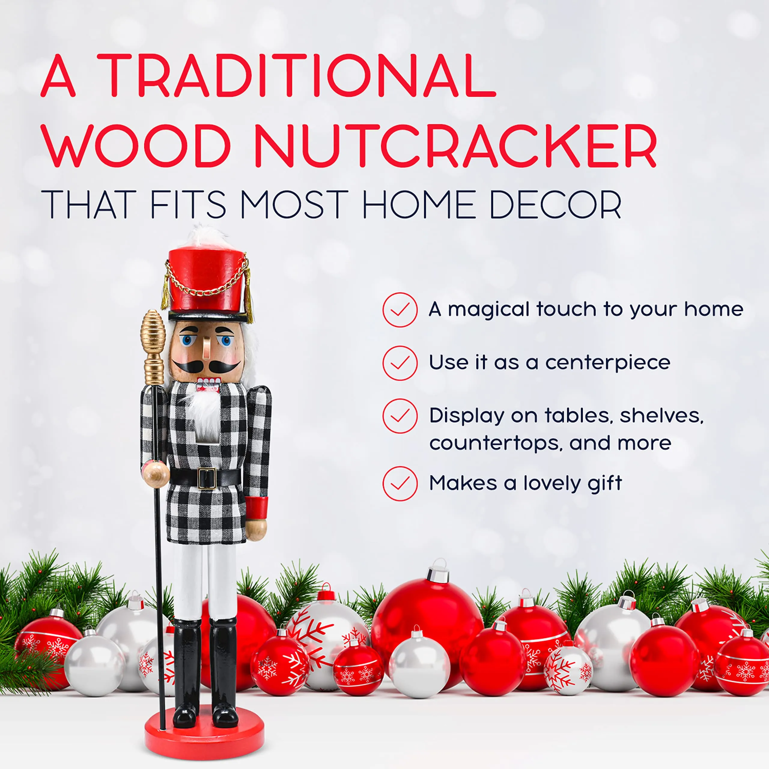 Christmas Checkered Soldier Nutcracker – Black and White Wooden Nutcracker Toy Soldier Knight with a Staff in Hand Xmas Themed Holiday Nut Cracker Doll Figure Decorations