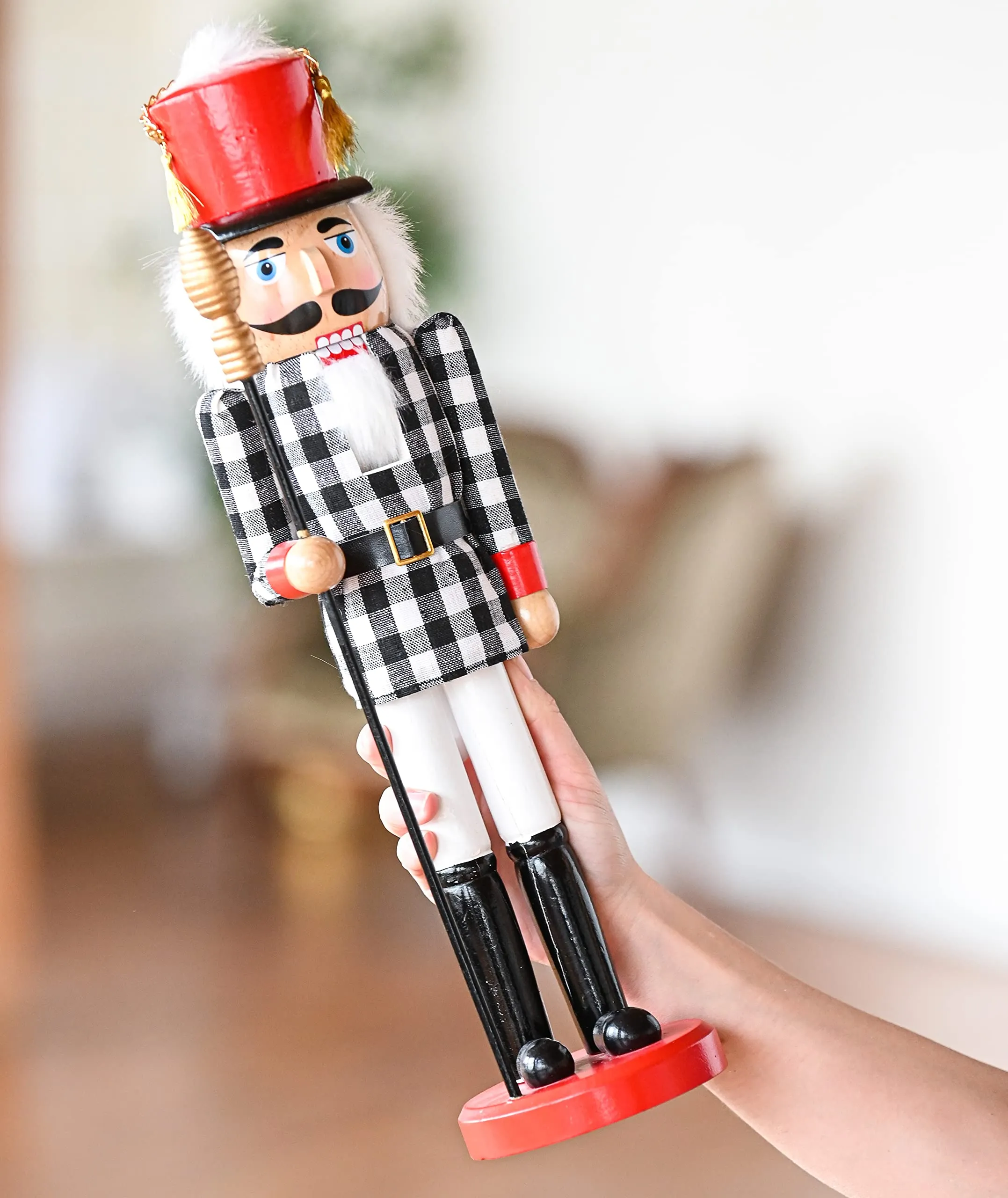 Christmas Checkered Soldier Nutcracker – Black and White Wooden Nutcracker Toy Soldier Knight with a Staff in Hand Xmas Themed Holiday Nut Cracker Doll Figure Decorations