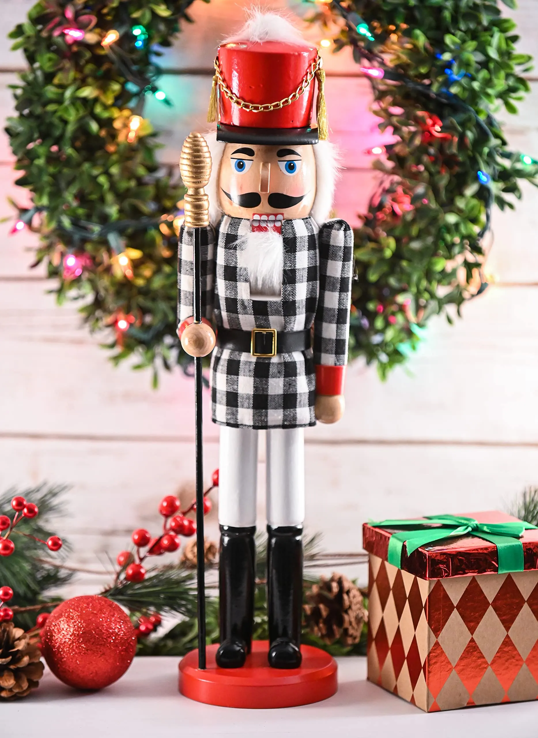 Christmas Checkered Soldier Nutcracker – Black and White Wooden Nutcracker Toy Soldier Knight with a Staff in Hand Xmas Themed Holiday Nut Cracker Doll Figure Decorations