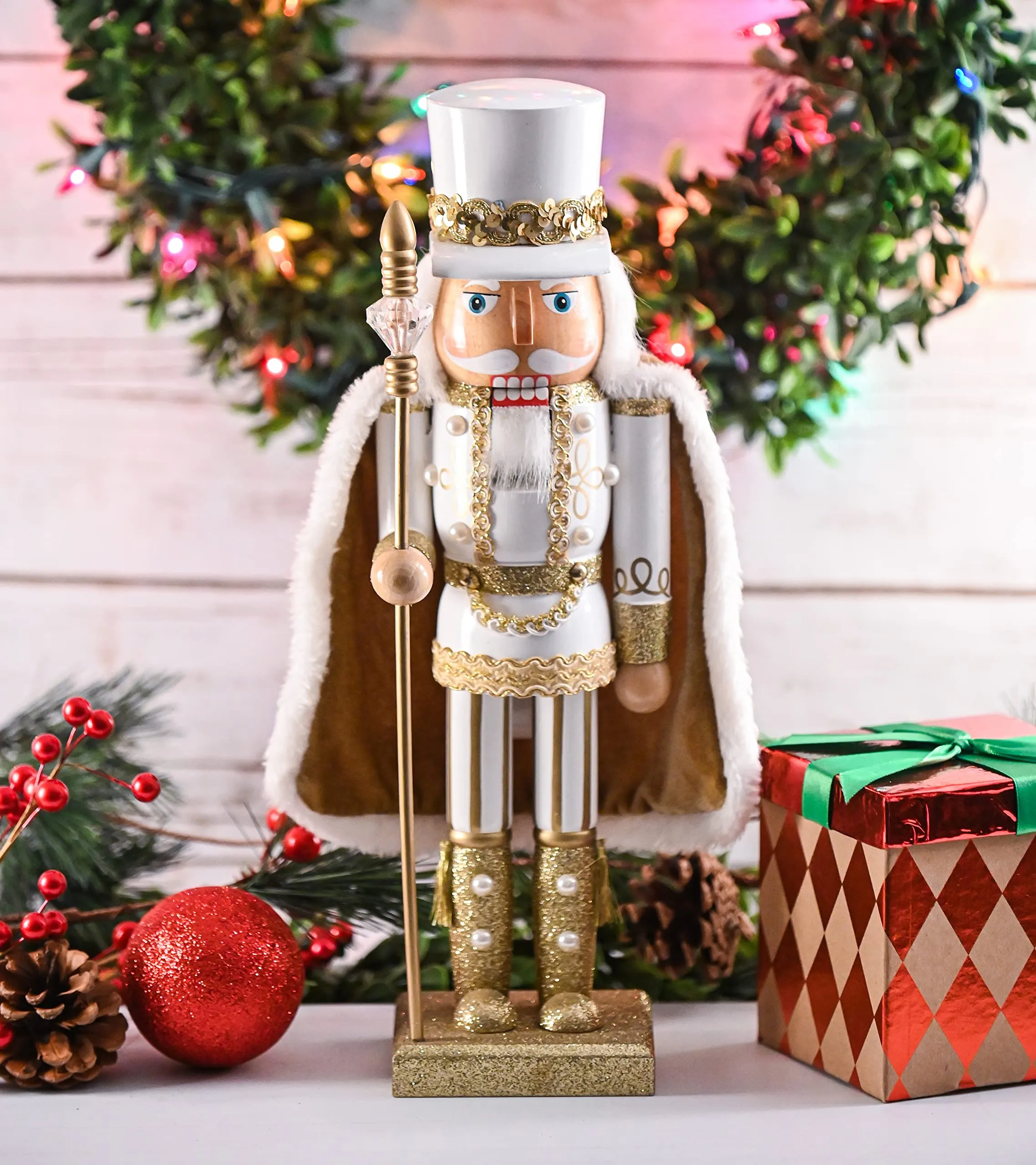 Christmas Gold King Nutcracker – Gold and White Glittered Wooden Nutcracker Man with Gold and White Fur Cape and Staff in Hand Xmas Themed Holiday Nut Cracker Doll Figure Decorations