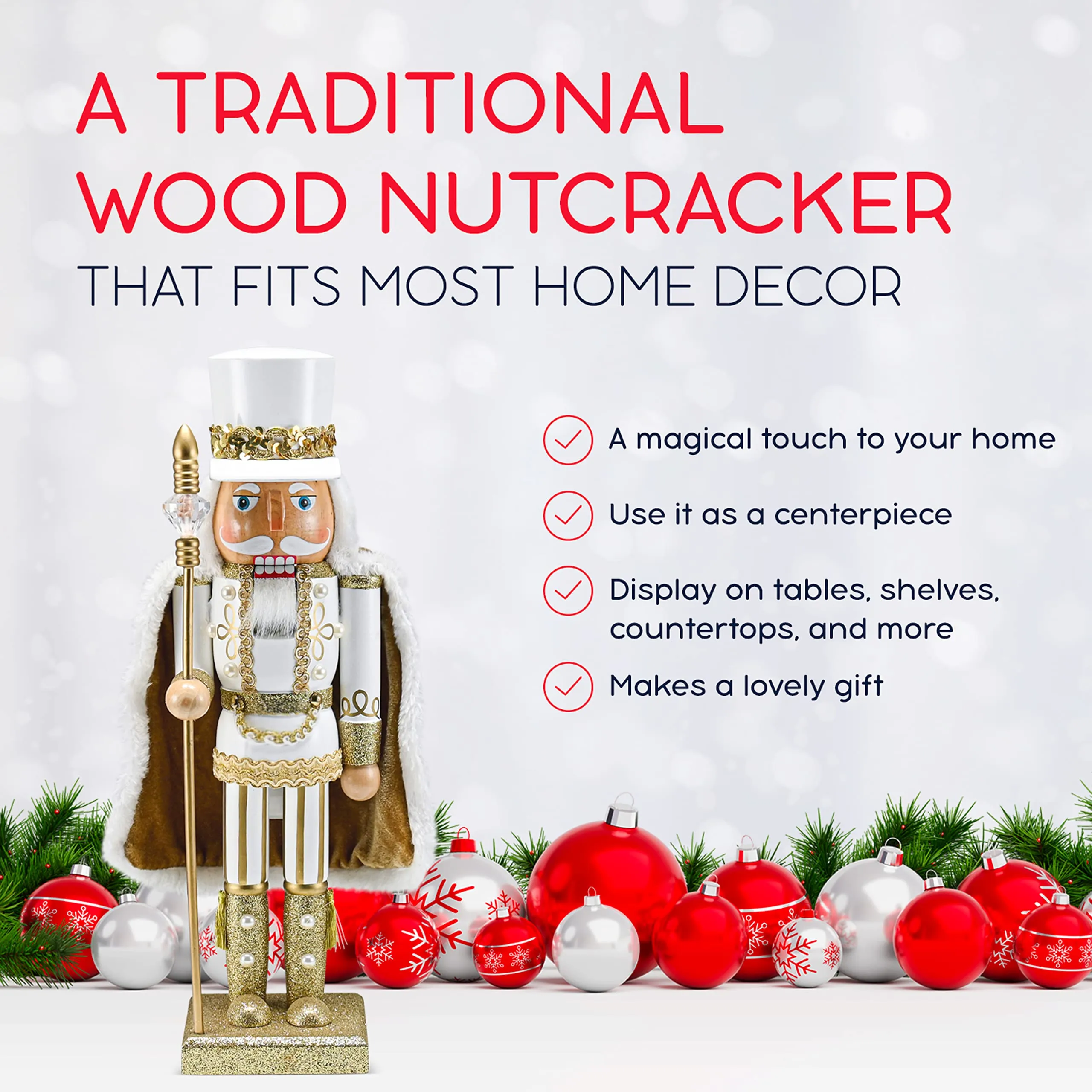 Christmas Gold King Nutcracker – Gold and White Glittered Wooden Nutcracker Man with Gold and White Fur Cape and Staff in Hand Xmas Themed Holiday Nut Cracker Doll Figure Decorations