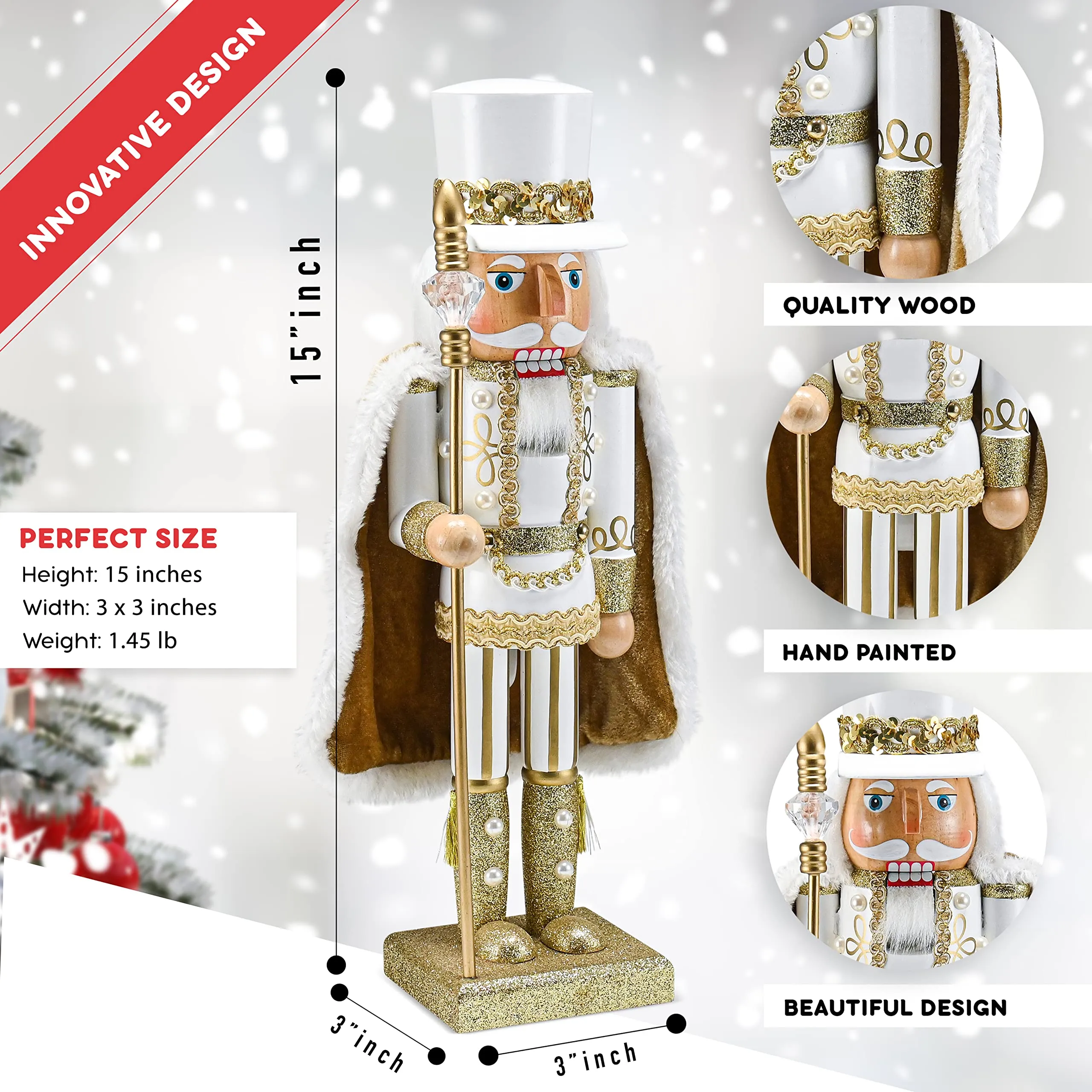 Christmas Gold King Nutcracker – Gold and White Glittered Wooden Nutcracker Man with Gold and White Fur Cape and Staff in Hand Xmas Themed Holiday Nut Cracker Doll Figure Decorations