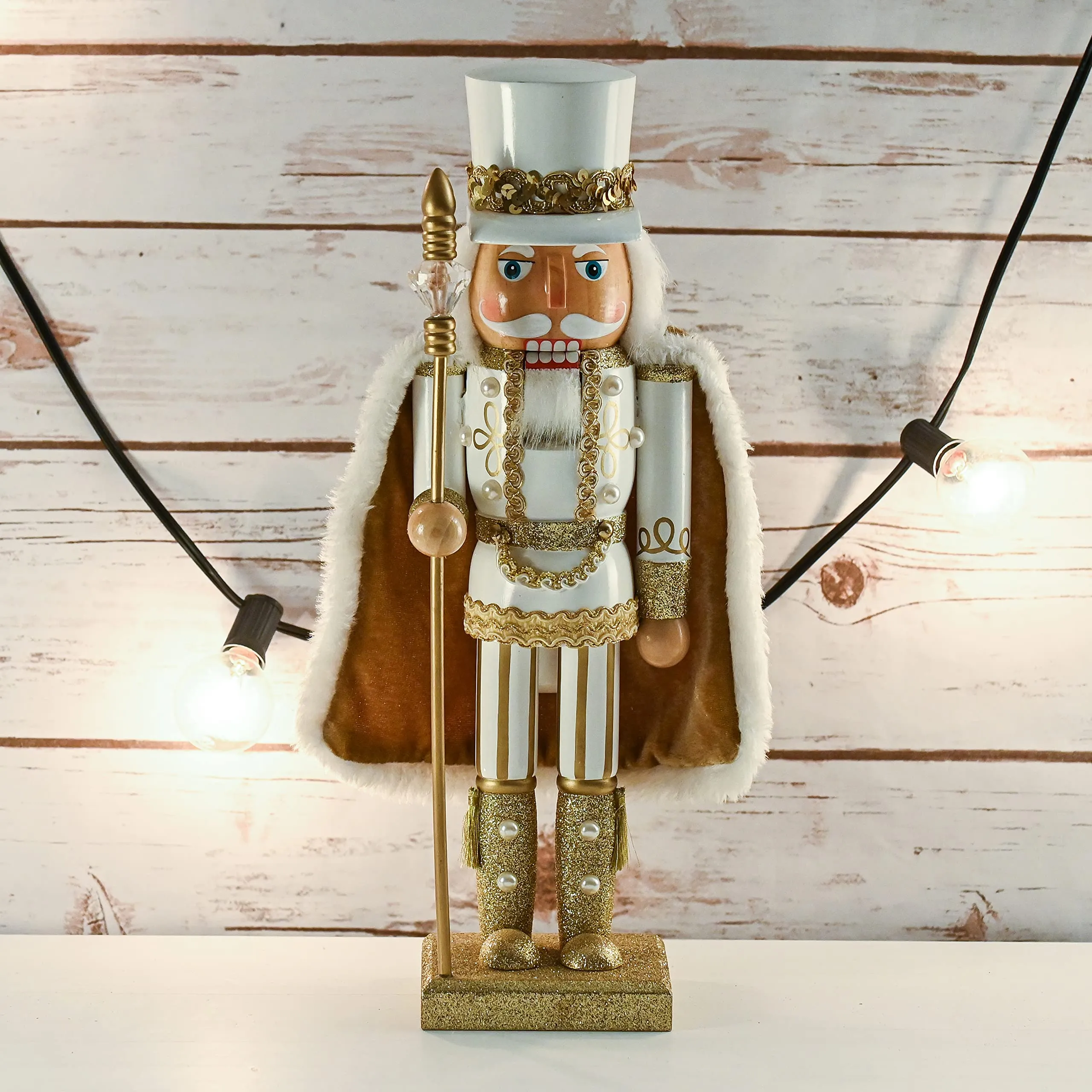 Christmas Gold King Nutcracker – Gold and White Glittered Wooden Nutcracker Man with Gold and White Fur Cape and Staff in Hand Xmas Themed Holiday Nut Cracker Doll Figure Decorations