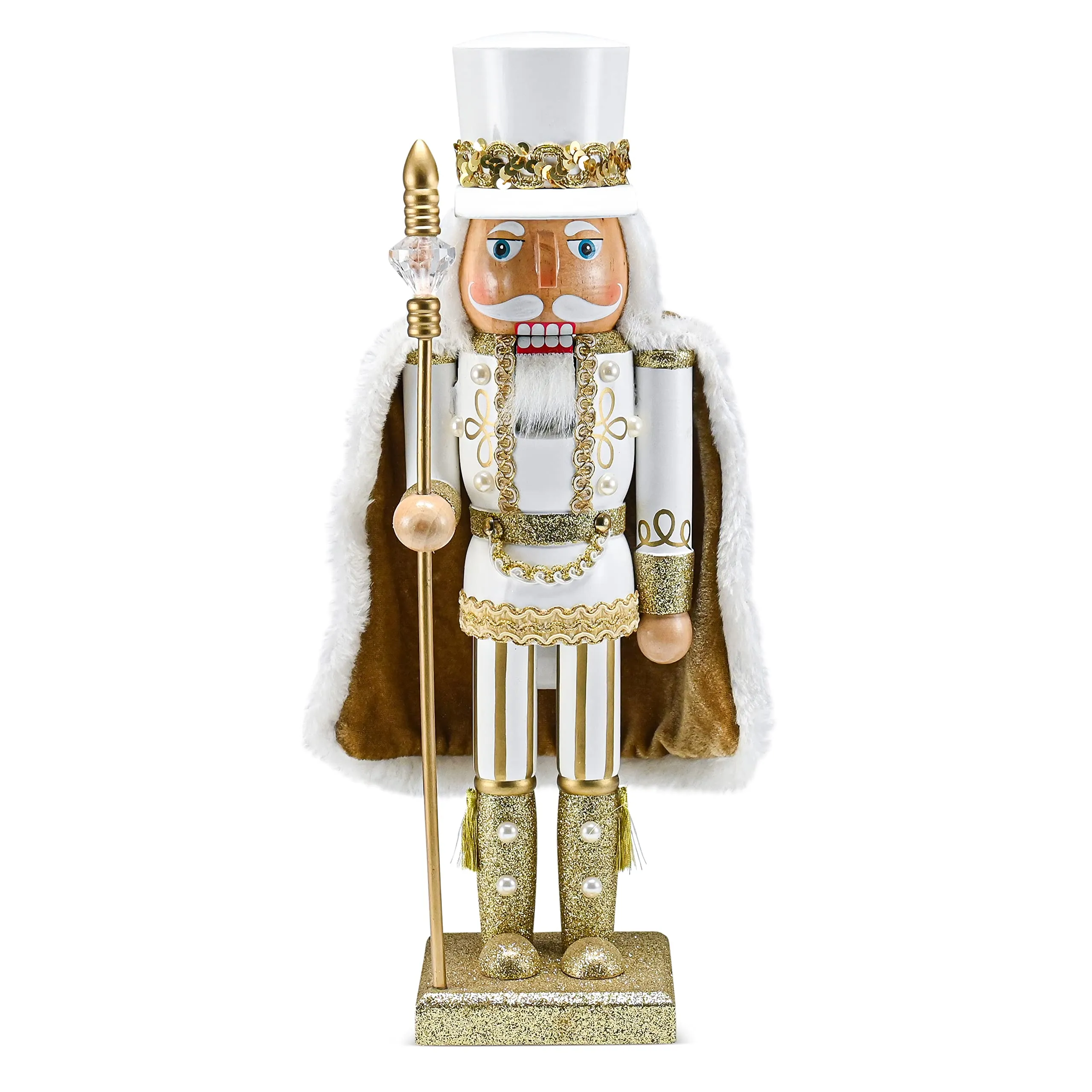 Christmas Gold King Nutcracker – Gold and White Glittered Wooden Nutcracker Man with Gold and White Fur Cape and Staff in Hand Xmas Themed Holiday Nut Cracker Doll Figure Decorations