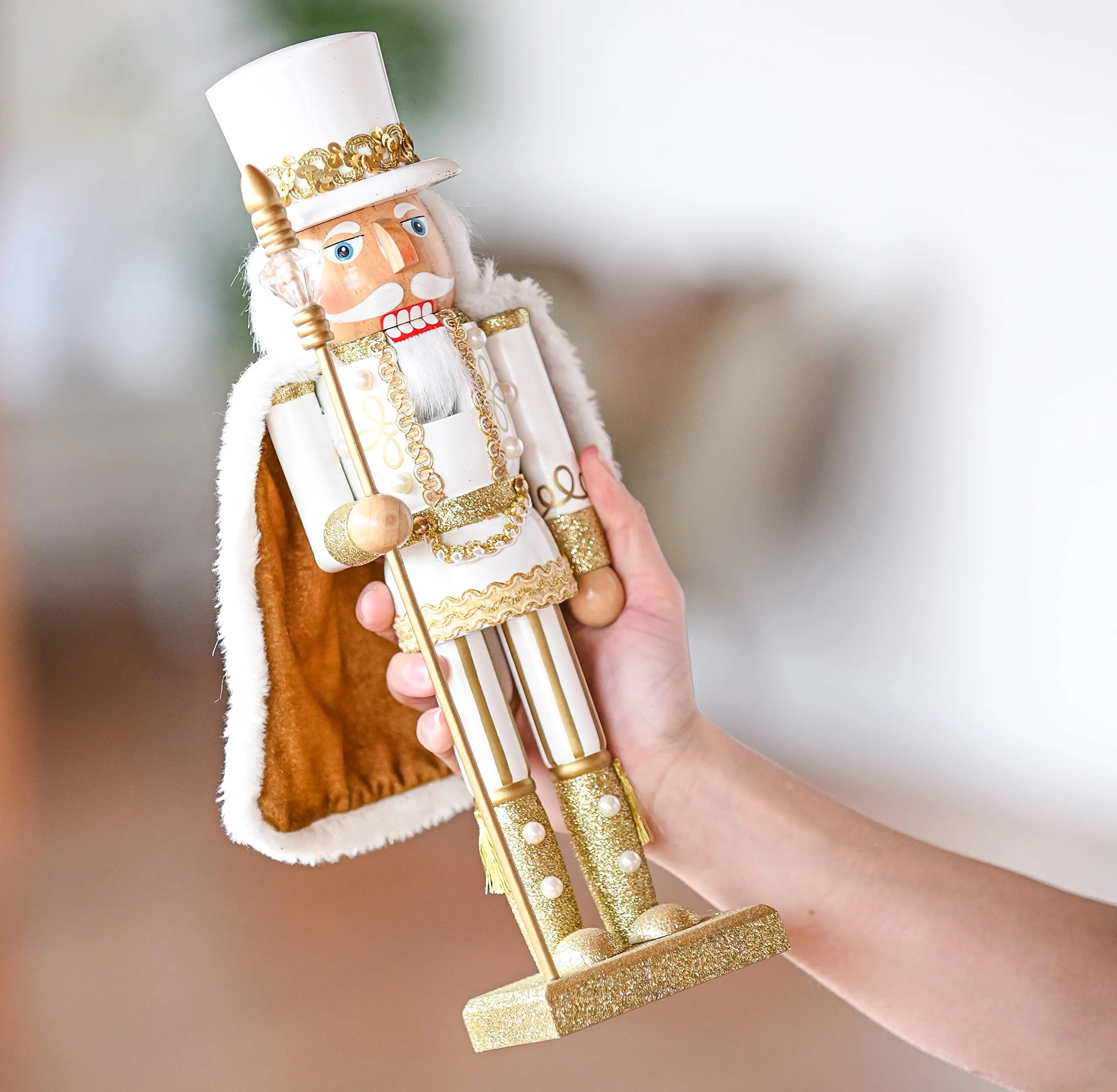 Christmas Gold King Nutcracker – Gold and White Glittered Wooden Nutcracker Man with Gold and White Fur Cape and Staff in Hand Xmas Themed Holiday Nut Cracker Doll Figure Decorations