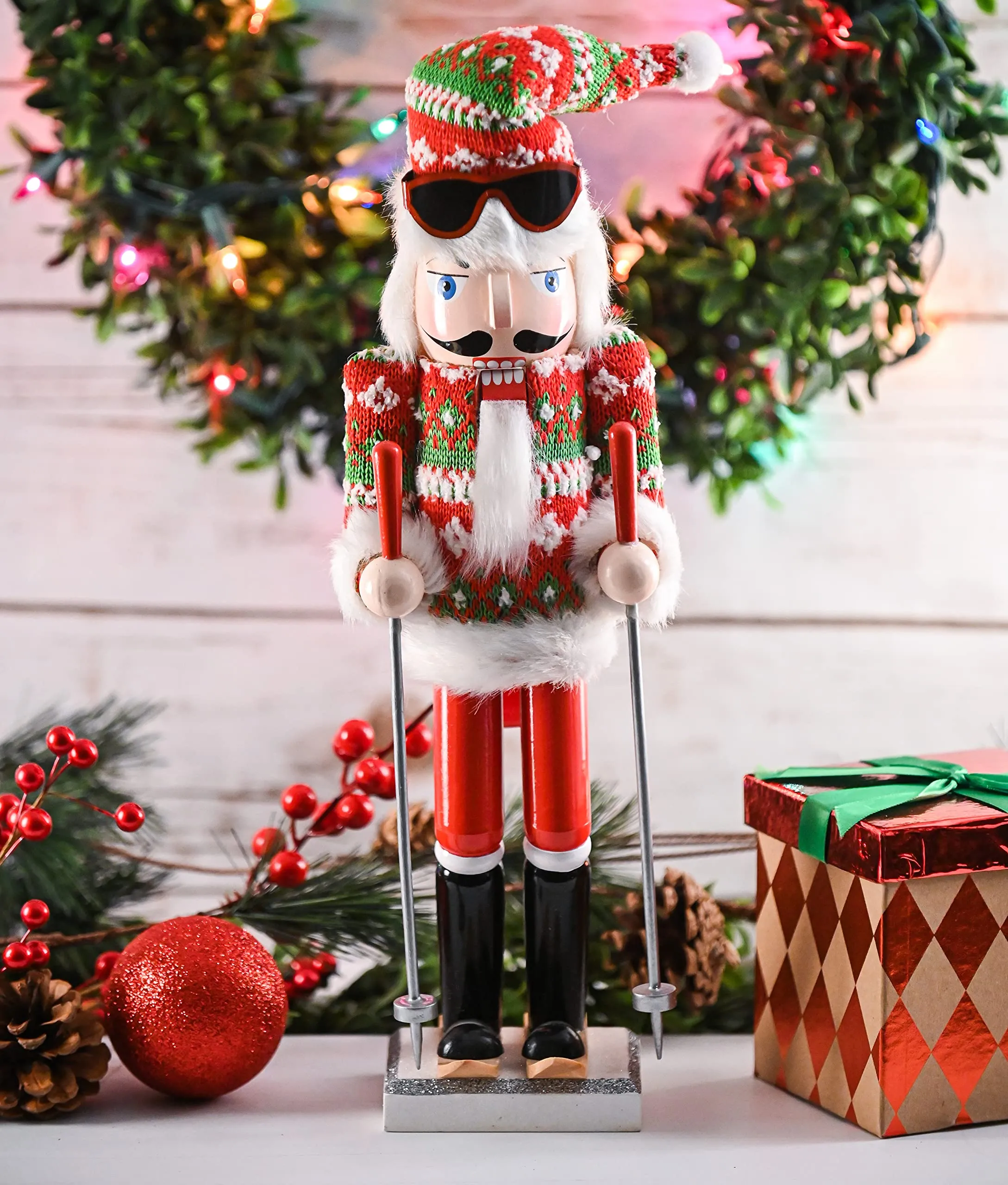 Christmas Skier Man Nutcracker – Red and Green Wooden Nutcracker Guy with Ugly Sweater and Ski Sticks in Skiing Pose Xmas Themed Holiday Nut Cracker Doll Figure Decorations