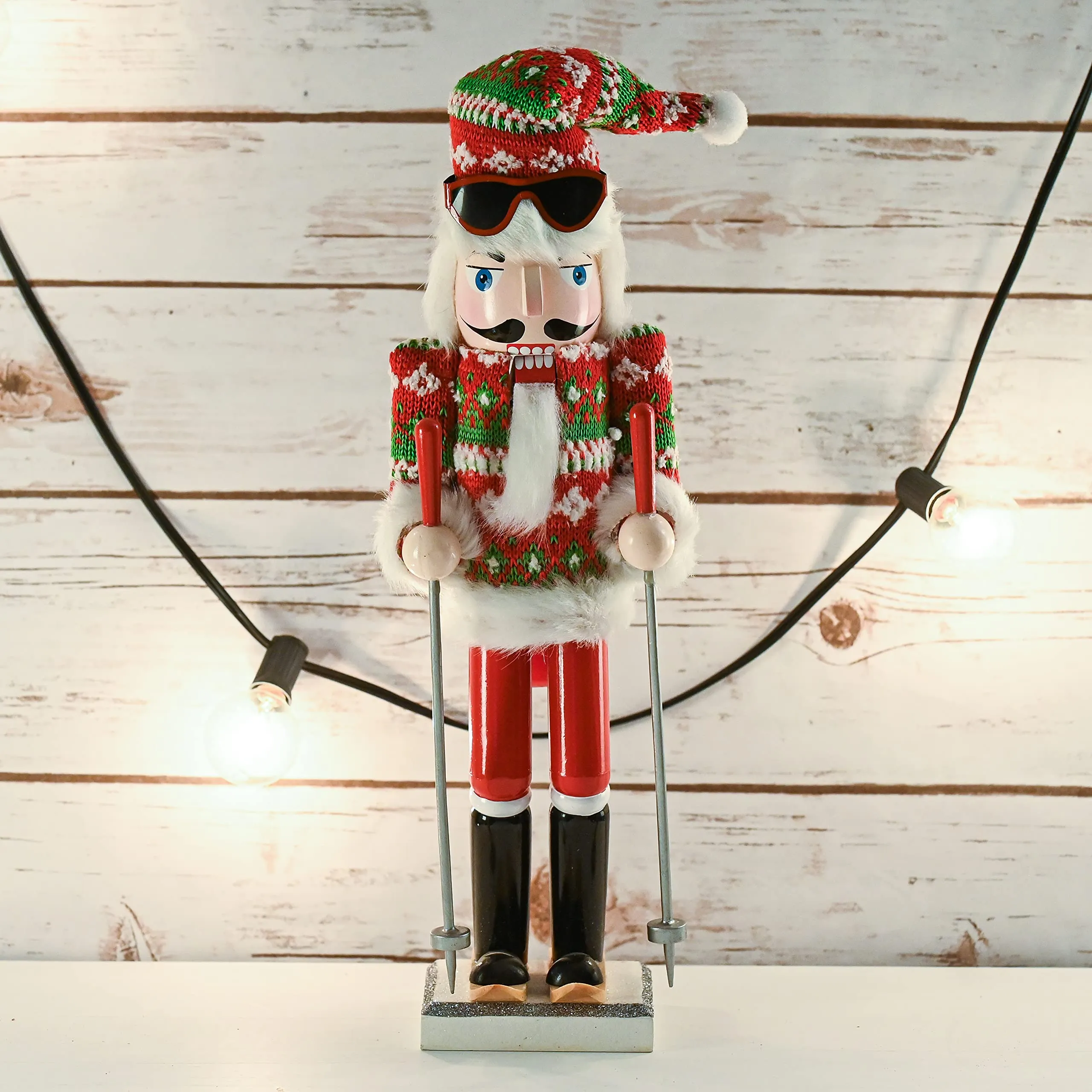 Christmas Skier Man Nutcracker – Red and Green Wooden Nutcracker Guy with Ugly Sweater and Ski Sticks in Skiing Pose Xmas Themed Holiday Nut Cracker Doll Figure Decorations