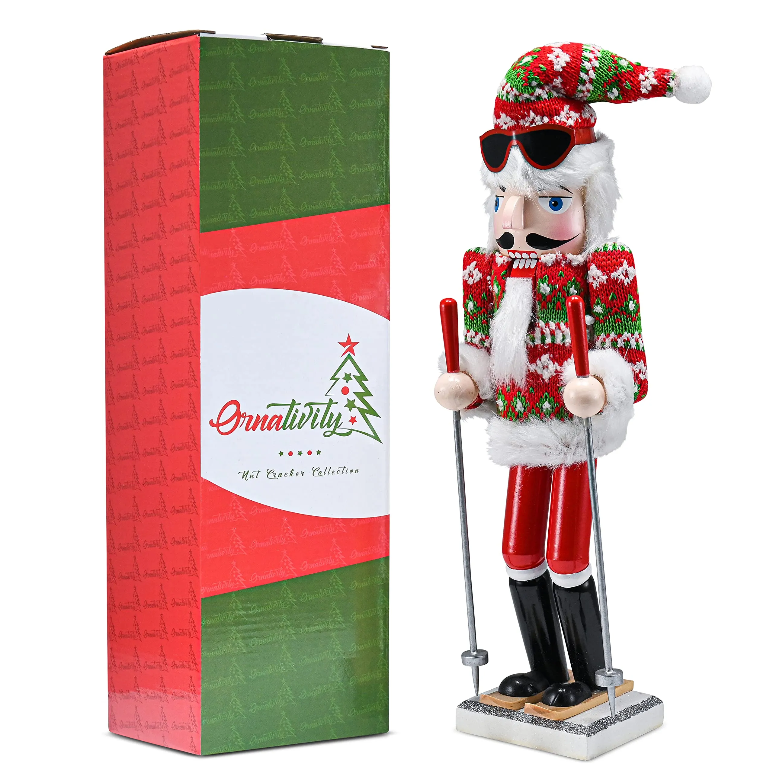 Christmas Skier Man Nutcracker – Red and Green Wooden Nutcracker Guy with Ugly Sweater and Ski Sticks in Skiing Pose Xmas Themed Holiday Nut Cracker Doll Figure Decorations