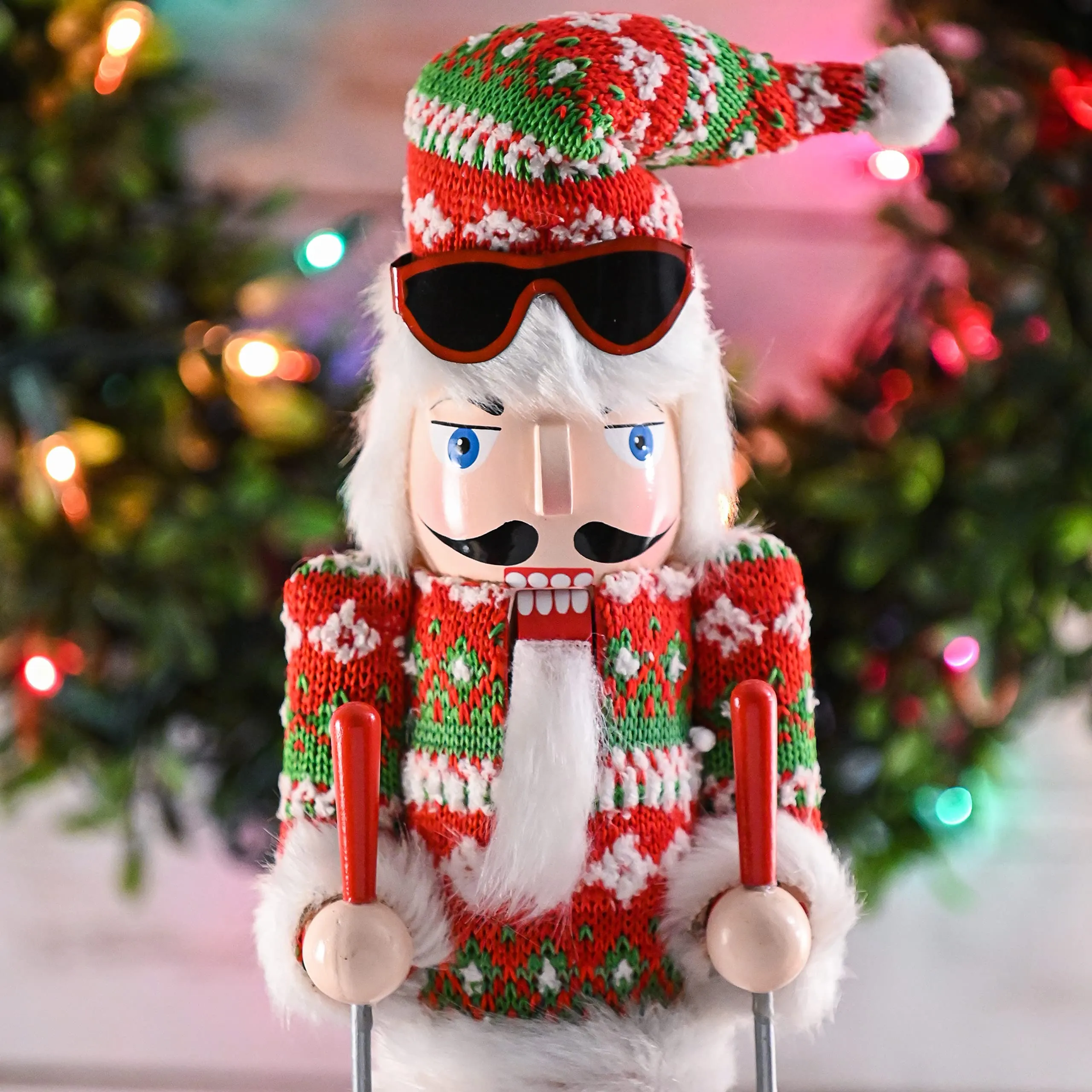 Christmas Skier Man Nutcracker – Red and Green Wooden Nutcracker Guy with Ugly Sweater and Ski Sticks in Skiing Pose Xmas Themed Holiday Nut Cracker Doll Figure Decorations