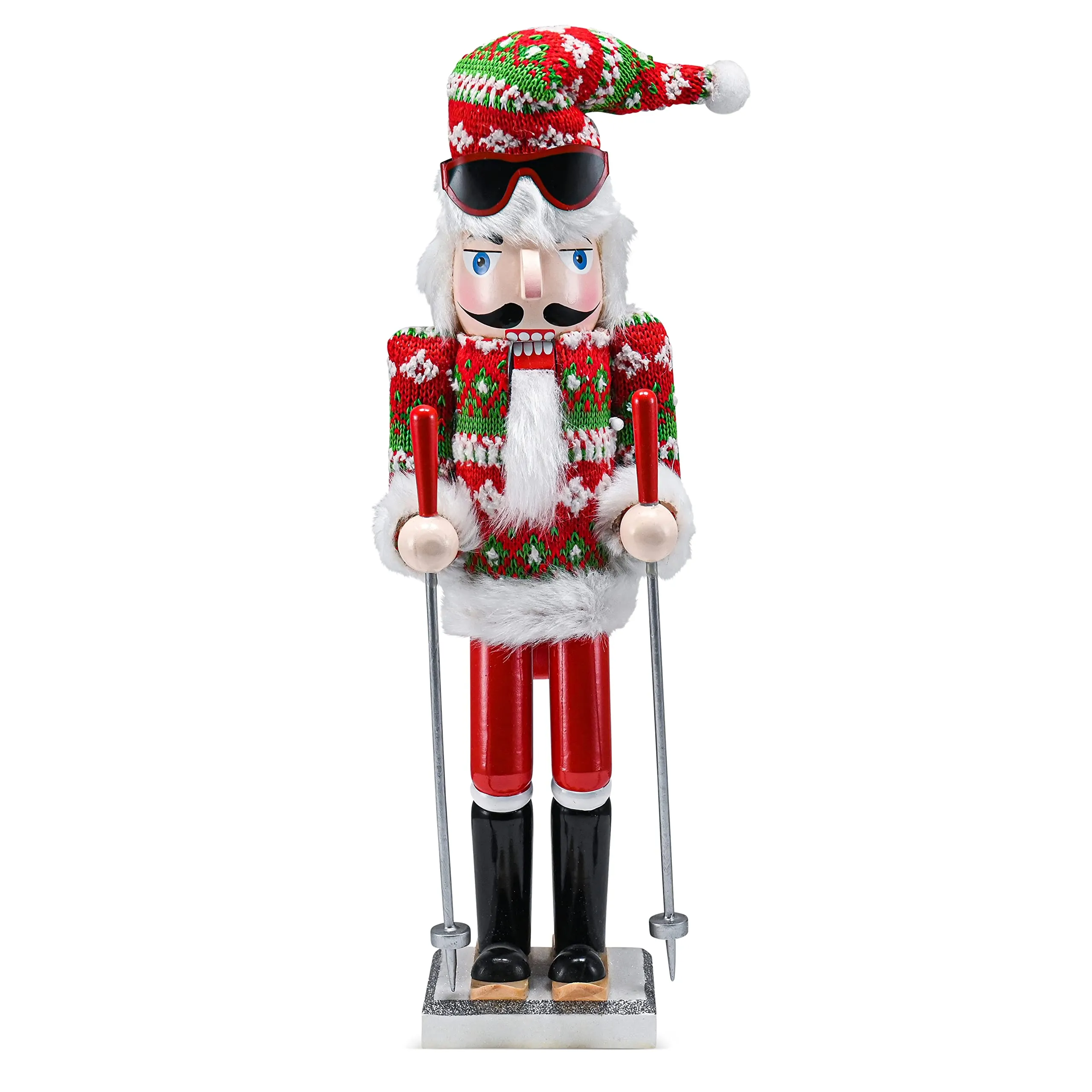 Christmas Skier Man Nutcracker – Red and Green Wooden Nutcracker Guy with Ugly Sweater and Ski Sticks in Skiing Pose Xmas Themed Holiday Nut Cracker Doll Figure Decorations