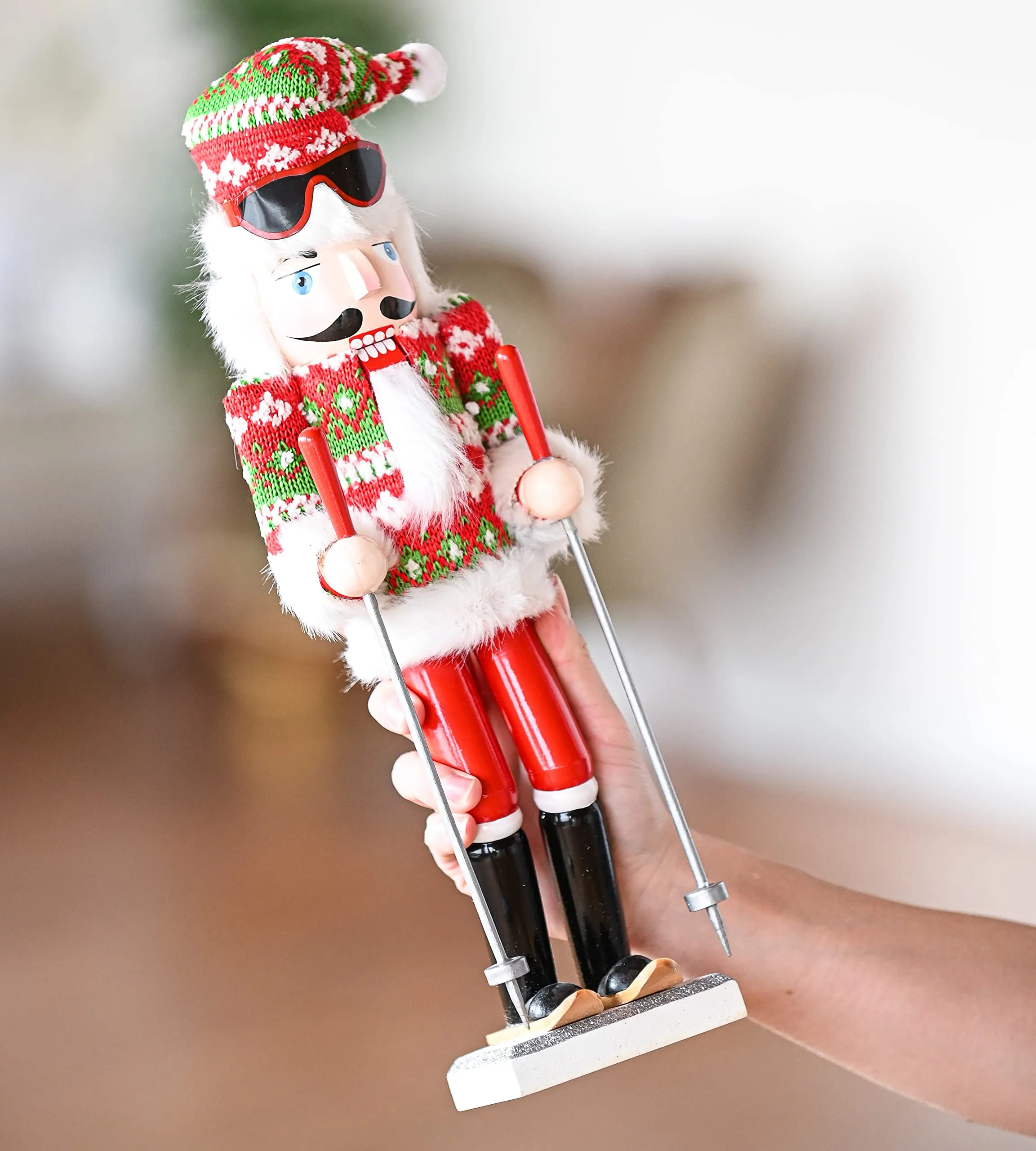 Christmas Skier Man Nutcracker – Red and Green Wooden Nutcracker Guy with Ugly Sweater and Ski Sticks in Skiing Pose Xmas Themed Holiday Nut Cracker Doll Figure Decorations