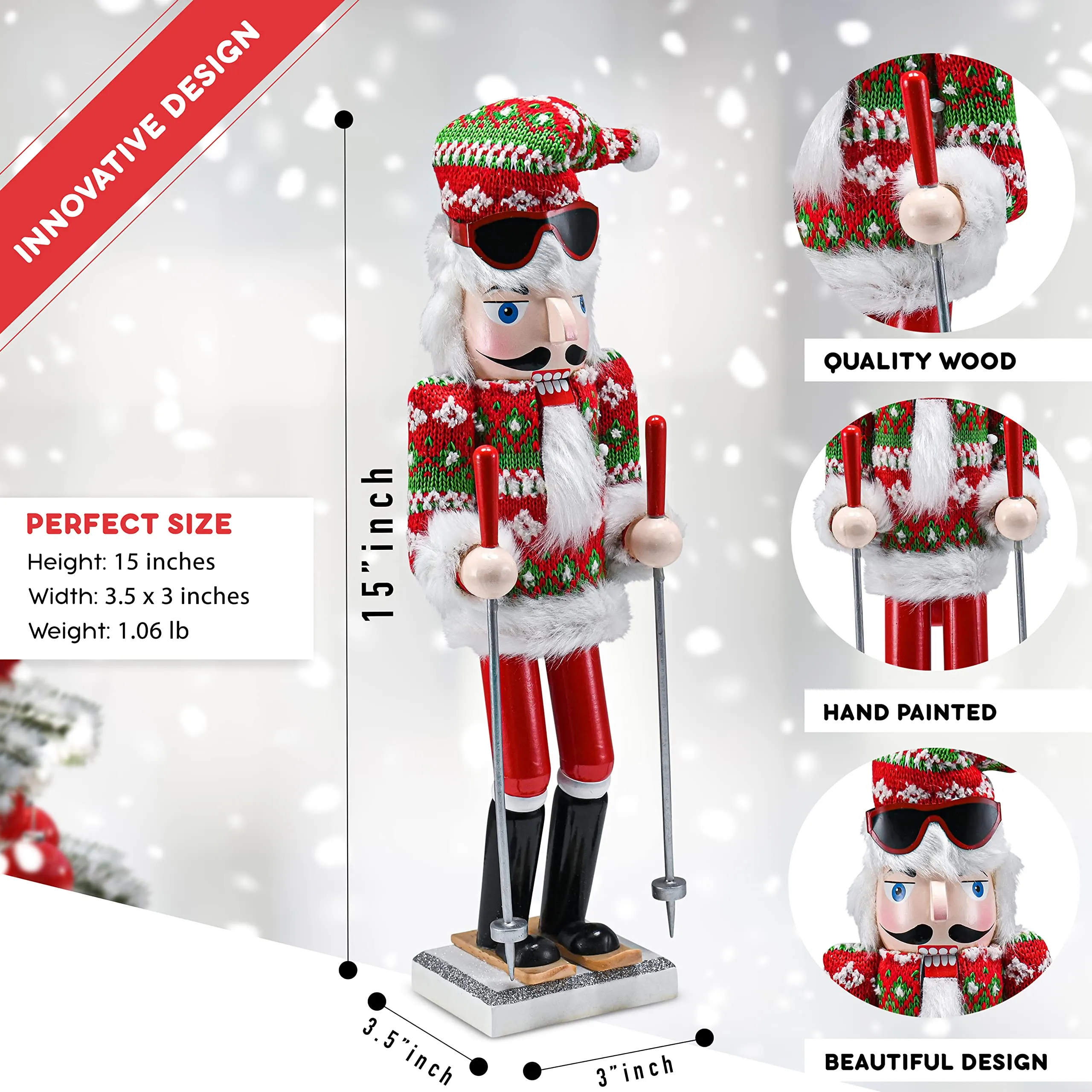 Christmas Skier Man Nutcracker – Red and Green Wooden Nutcracker Guy with Ugly Sweater and Ski Sticks in Skiing Pose Xmas Themed Holiday Nut Cracker Doll Figure Decorations