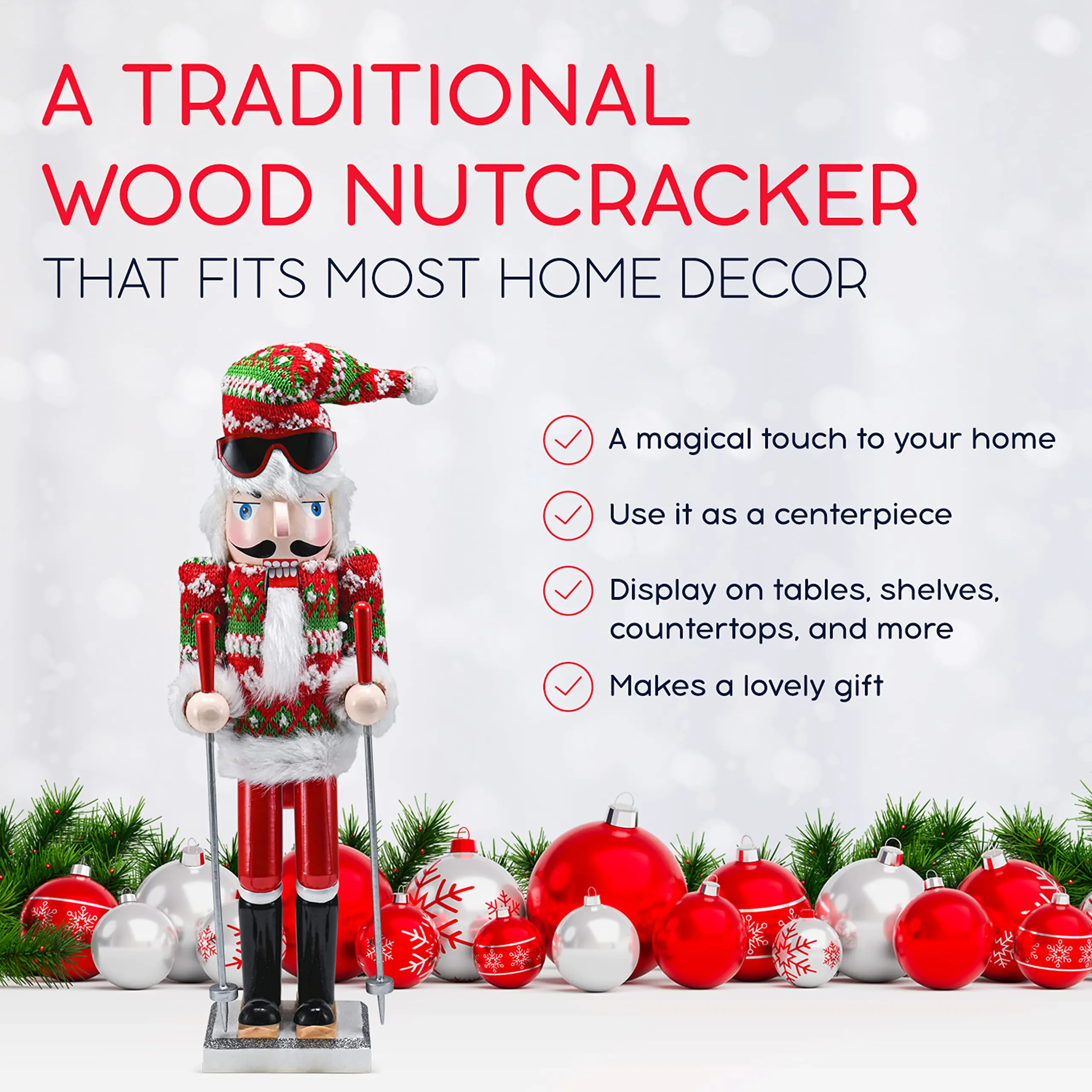 Christmas Skier Man Nutcracker – Red and Green Wooden Nutcracker Guy with Ugly Sweater and Ski Sticks in Skiing Pose Xmas Themed Holiday Nut Cracker Doll Figure Decorations