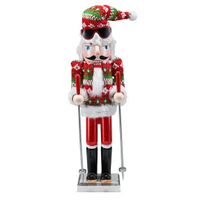 Christmas Skier Man Nutcracker – Red and Green Wooden Nutcracker Guy with Ugly Sweater and Ski Sticks in Skiing Pose Xmas Themed Holiday Nut Cracker Doll Figure Decorations