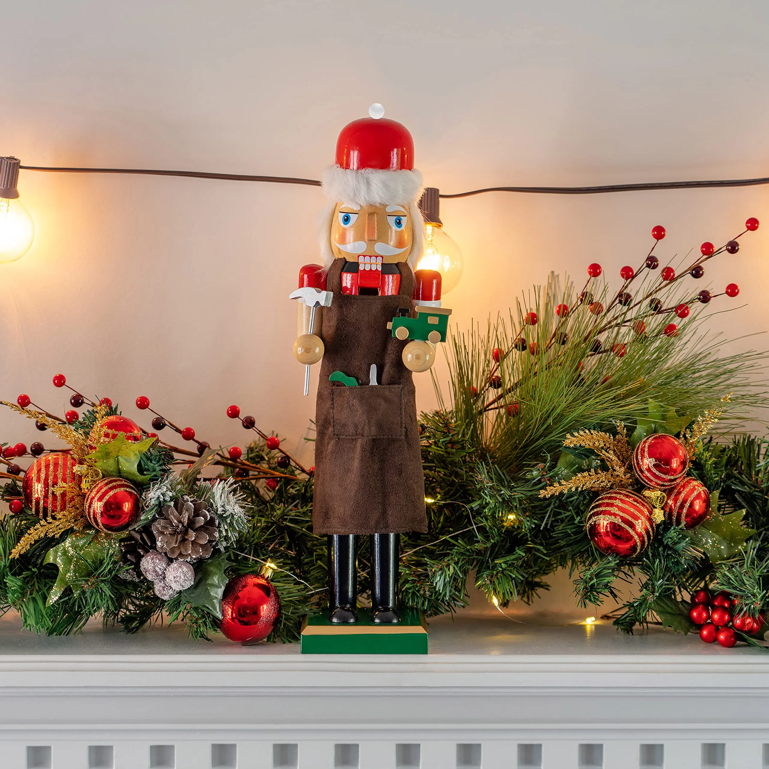 Christmas Toy Maker Nutcracker – Red and Green Wooden Nutcracker Man with Brown Workers Apron and Toy Car and Toy Hammer in Hand Xmas Themed Holiday Nut Cracker Doll Figure Decorations