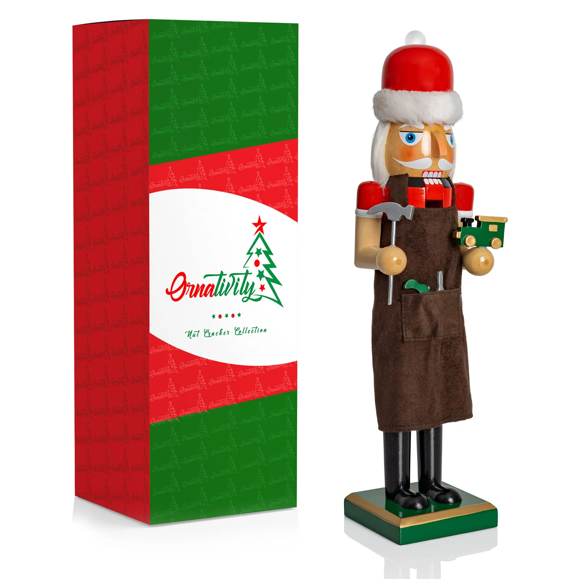 Christmas Toy Maker Nutcracker – Red and Green Wooden Nutcracker Man with Brown Workers Apron and Toy Car and Toy Hammer in Hand Xmas Themed Holiday Nut Cracker Doll Figure Decorations