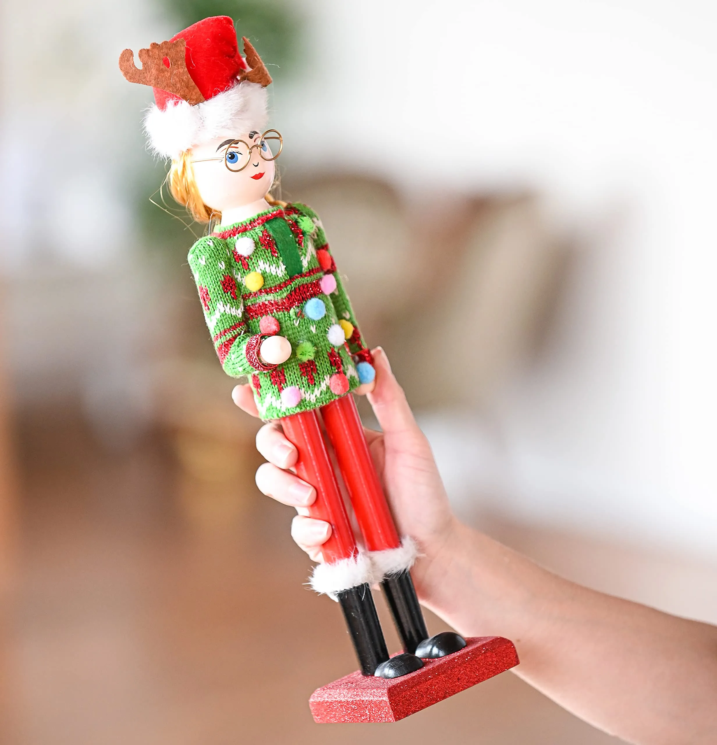 Christmas Ugly Sweater Nutcracker – Red and Green Wooden Nutcracker Woman with an Ugly Sweater and Reindeer Hat Xmas Themed Holiday Nut Cracker Doll Figure Decorations