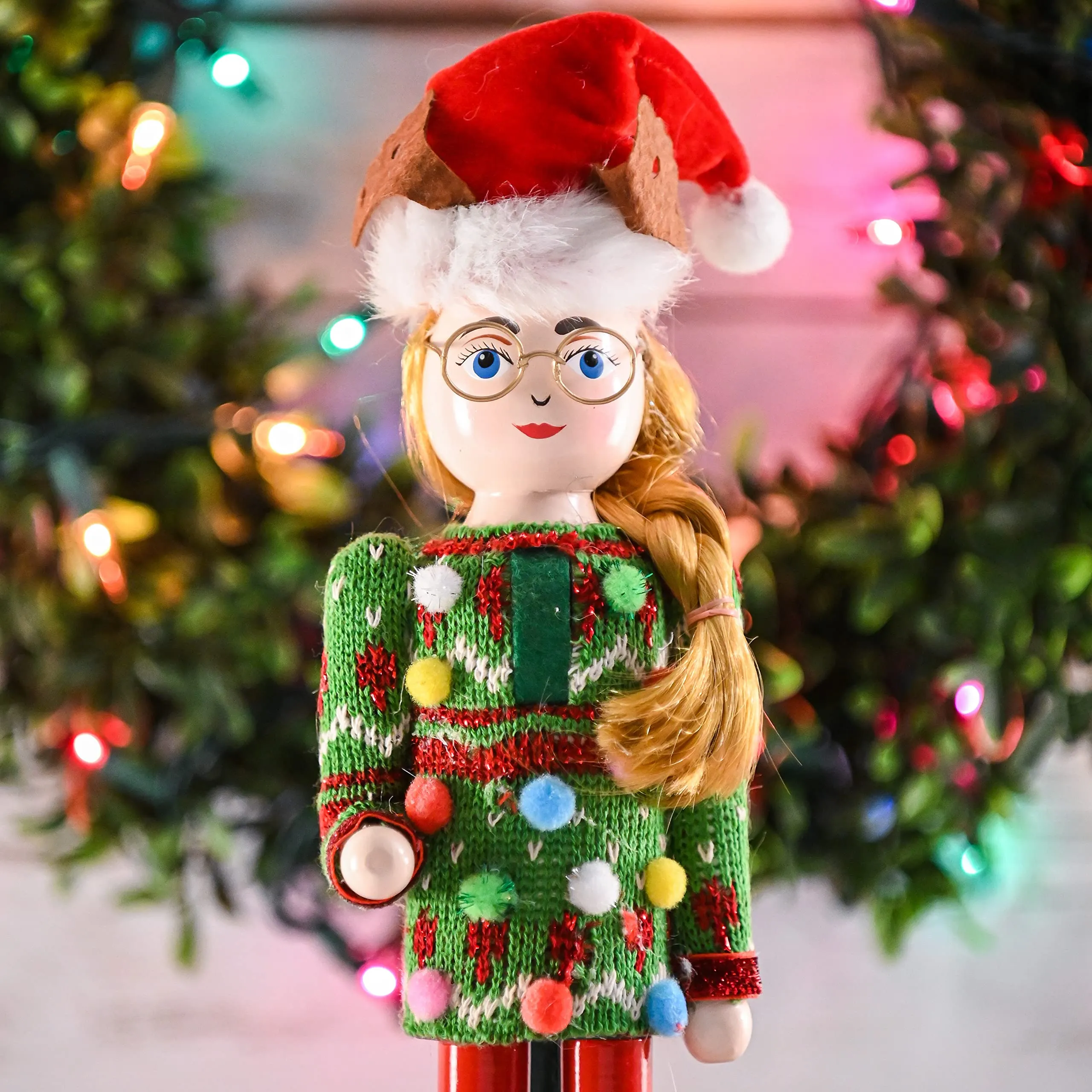 Christmas Ugly Sweater Nutcracker – Red and Green Wooden Nutcracker Woman with an Ugly Sweater and Reindeer Hat Xmas Themed Holiday Nut Cracker Doll Figure Decorations