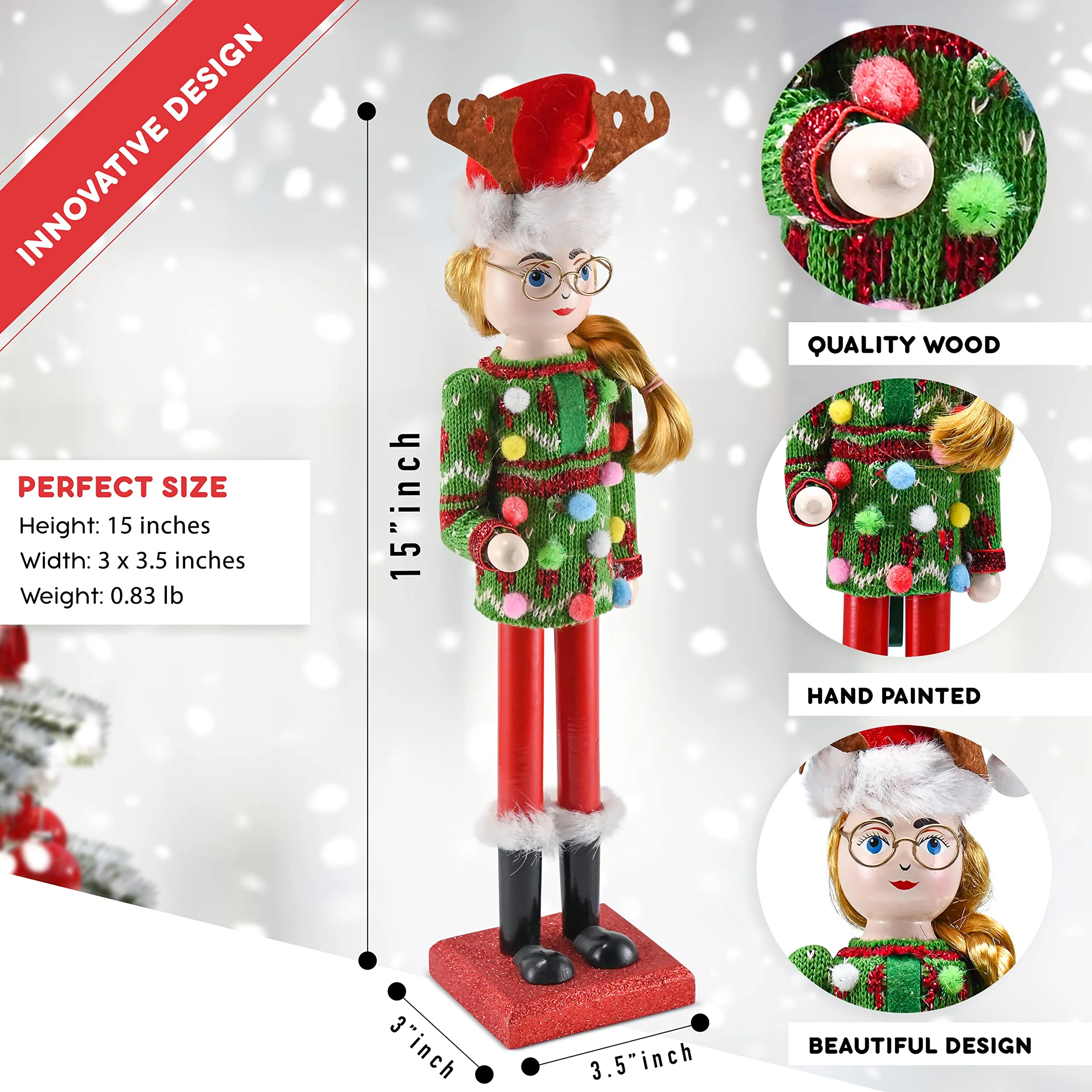 Christmas Ugly Sweater Nutcracker – Red and Green Wooden Nutcracker Woman with an Ugly Sweater and Reindeer Hat Xmas Themed Holiday Nut Cracker Doll Figure Decorations