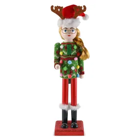 Christmas Ugly Sweater Nutcracker – Red and Green Wooden Nutcracker Woman with an Ugly Sweater and Reindeer Hat Xmas Themed Holiday Nut Cracker Doll Figure Decorations