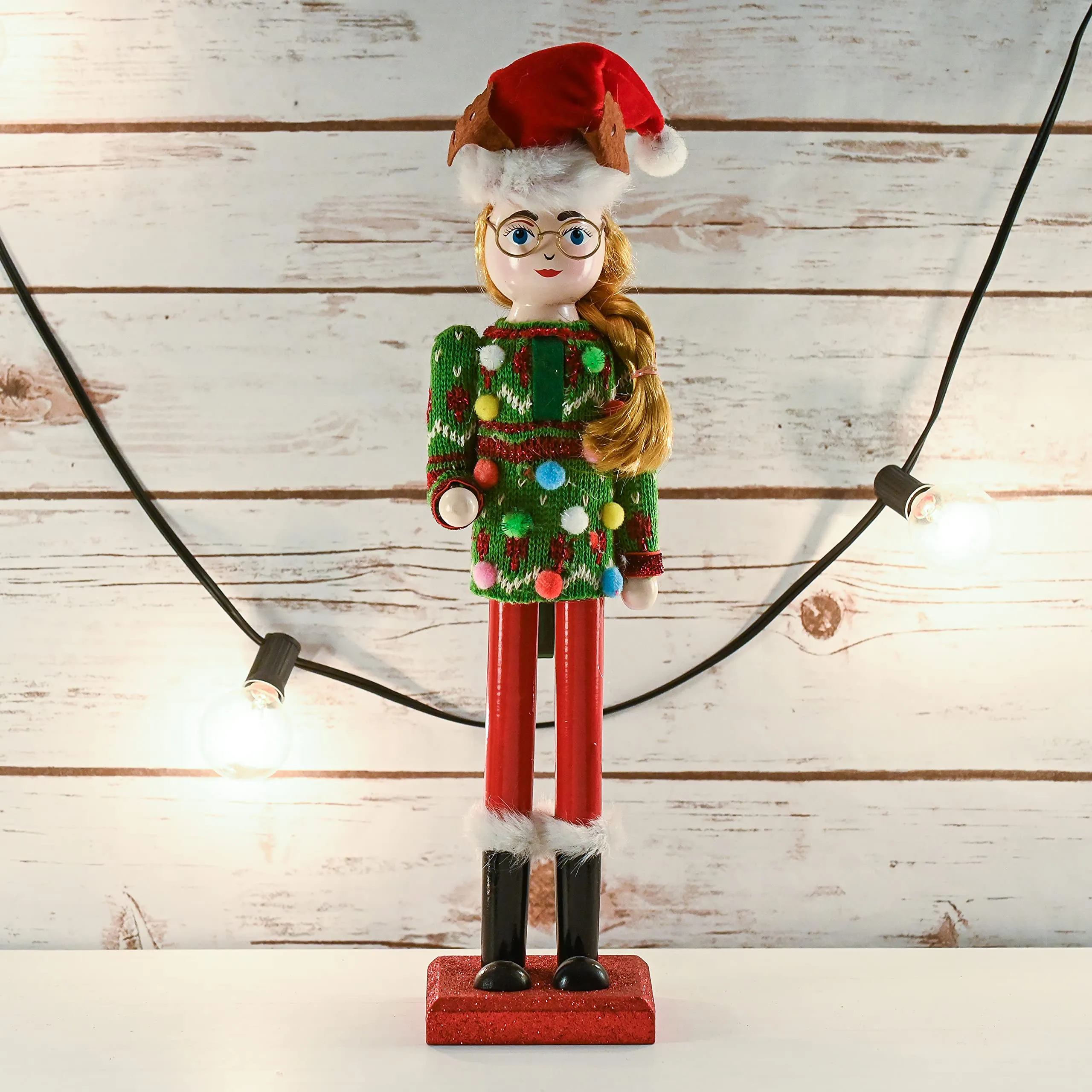 Christmas Ugly Sweater Nutcracker – Red and Green Wooden Nutcracker Woman with an Ugly Sweater and Reindeer Hat Xmas Themed Holiday Nut Cracker Doll Figure Decorations