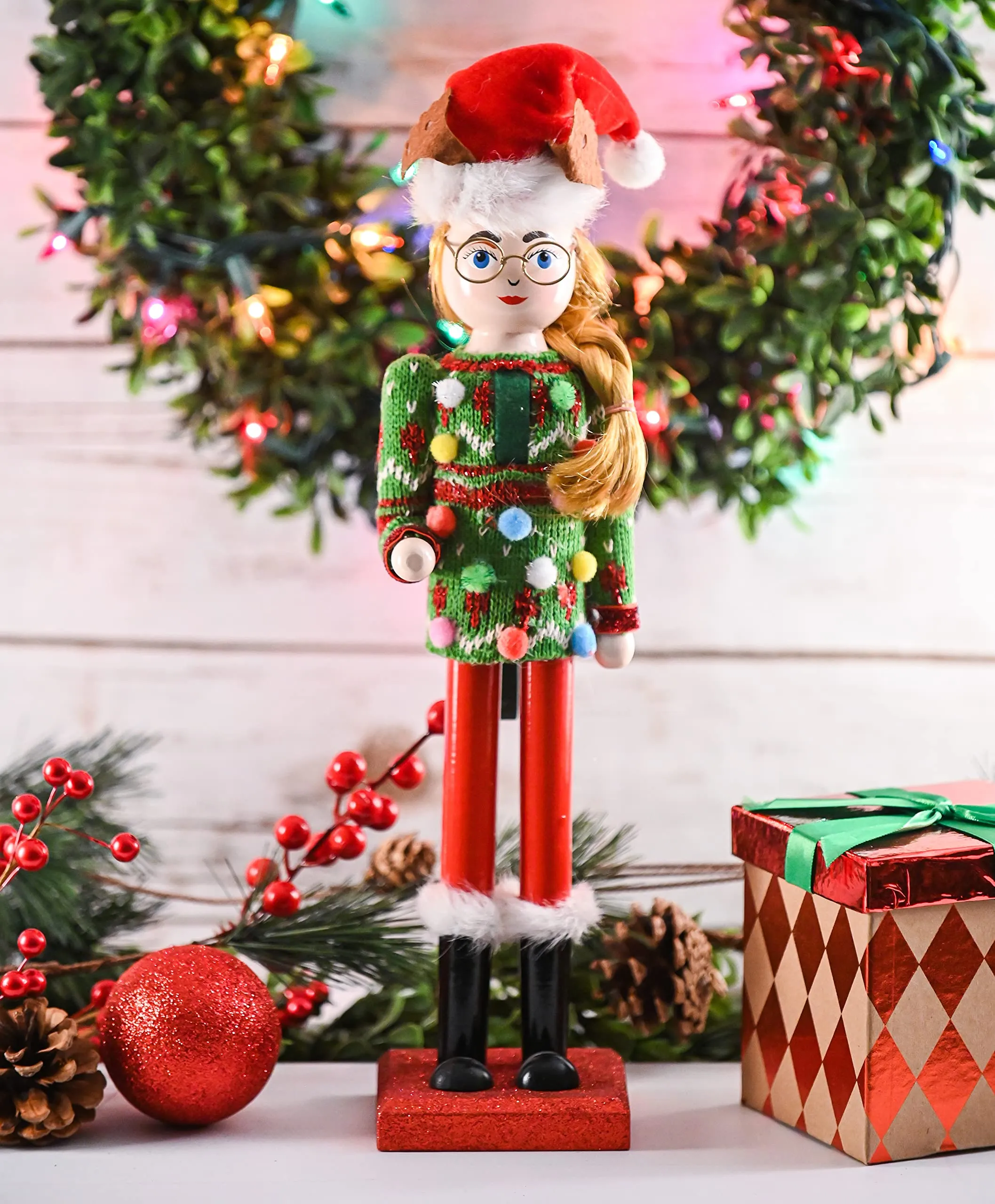 Christmas Ugly Sweater Nutcracker – Red and Green Wooden Nutcracker Woman with an Ugly Sweater and Reindeer Hat Xmas Themed Holiday Nut Cracker Doll Figure Decorations