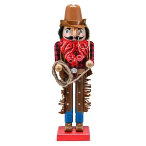 Christmas Western Cowboy Nutcracker – Brown and Red Wooden Nutcracker Cow Boy with a Rope and Lasso Xmas Themed Holiday Nut Cracker Doll Figure Decorations