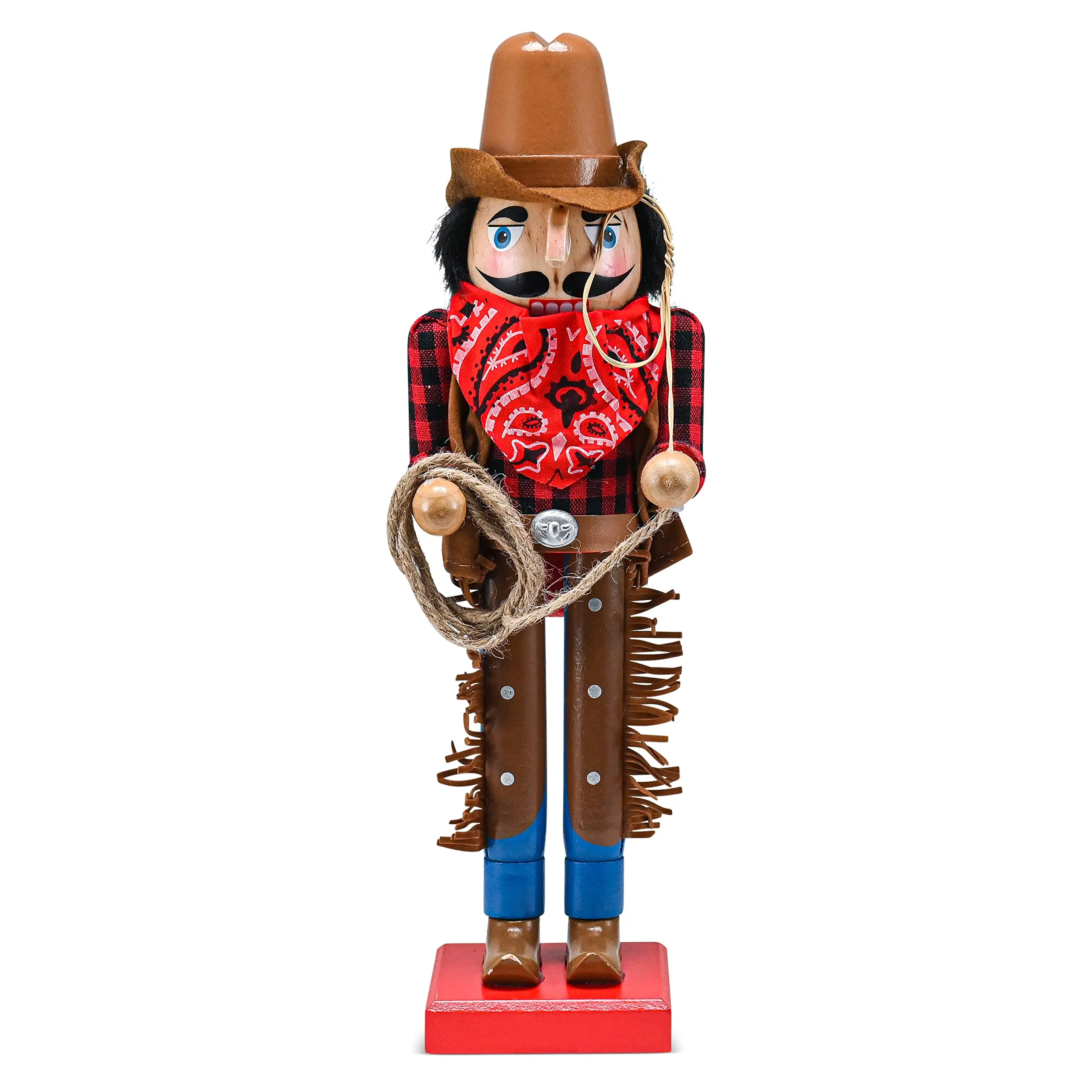 Christmas Western Cowboy Nutcracker – Brown and Red Wooden Nutcracker Cow Boy with a Rope and Lasso Xmas Themed Holiday Nut Cracker Doll Figure Decorations