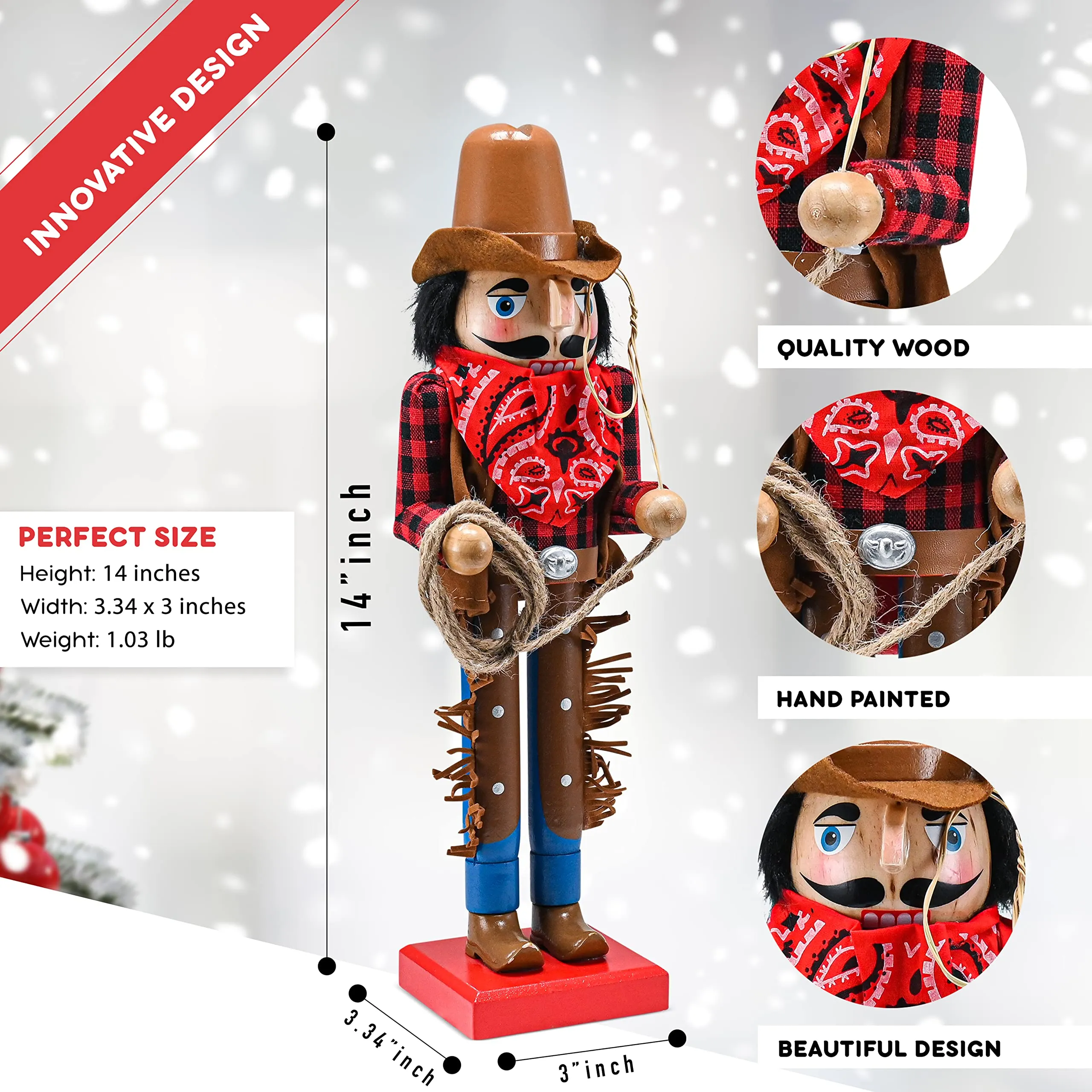 Christmas Western Cowboy Nutcracker – Brown and Red Wooden Nutcracker Cow Boy with a Rope and Lasso Xmas Themed Holiday Nut Cracker Doll Figure Decorations