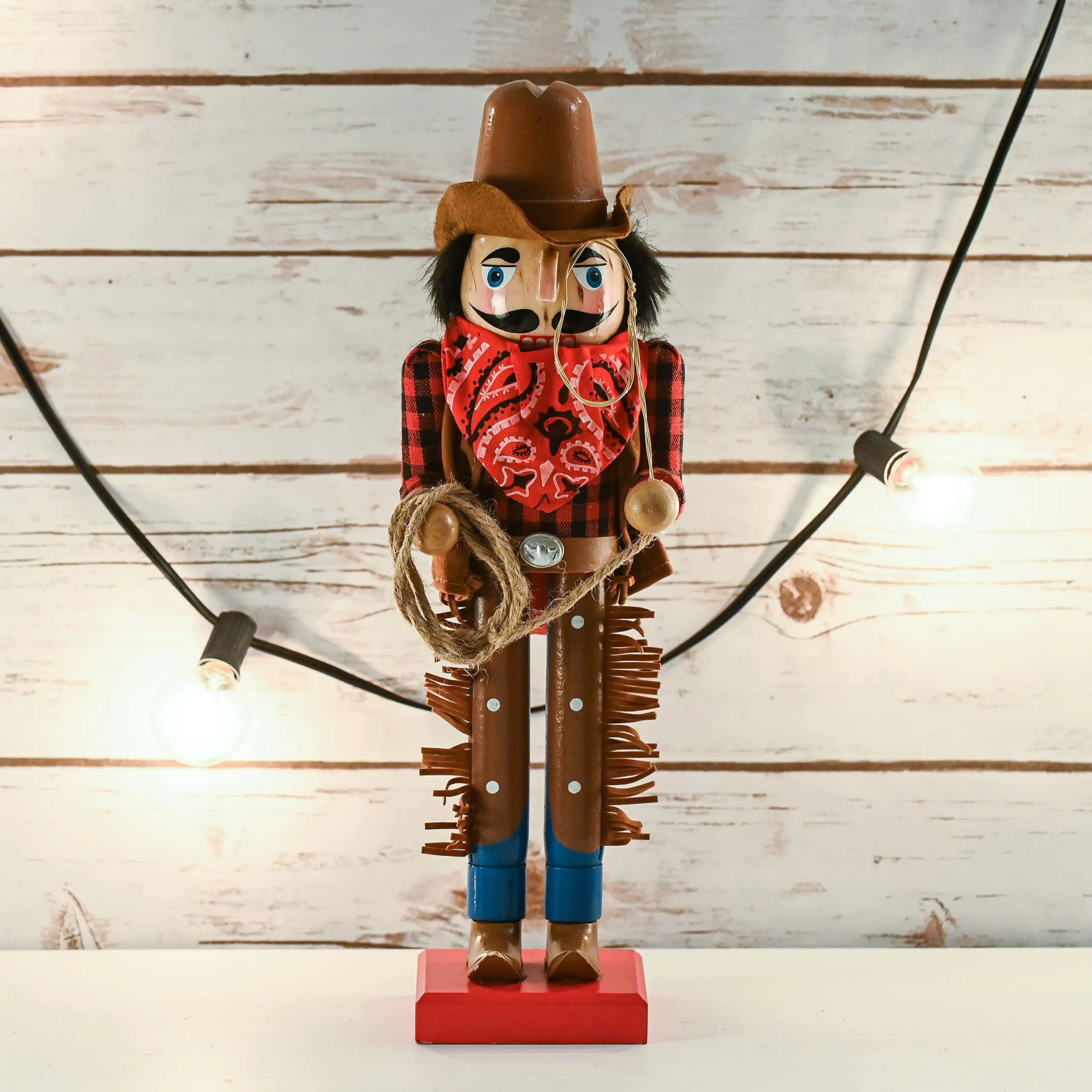 Christmas Western Cowboy Nutcracker – Brown and Red Wooden Nutcracker Cow Boy with a Rope and Lasso Xmas Themed Holiday Nut Cracker Doll Figure Decorations