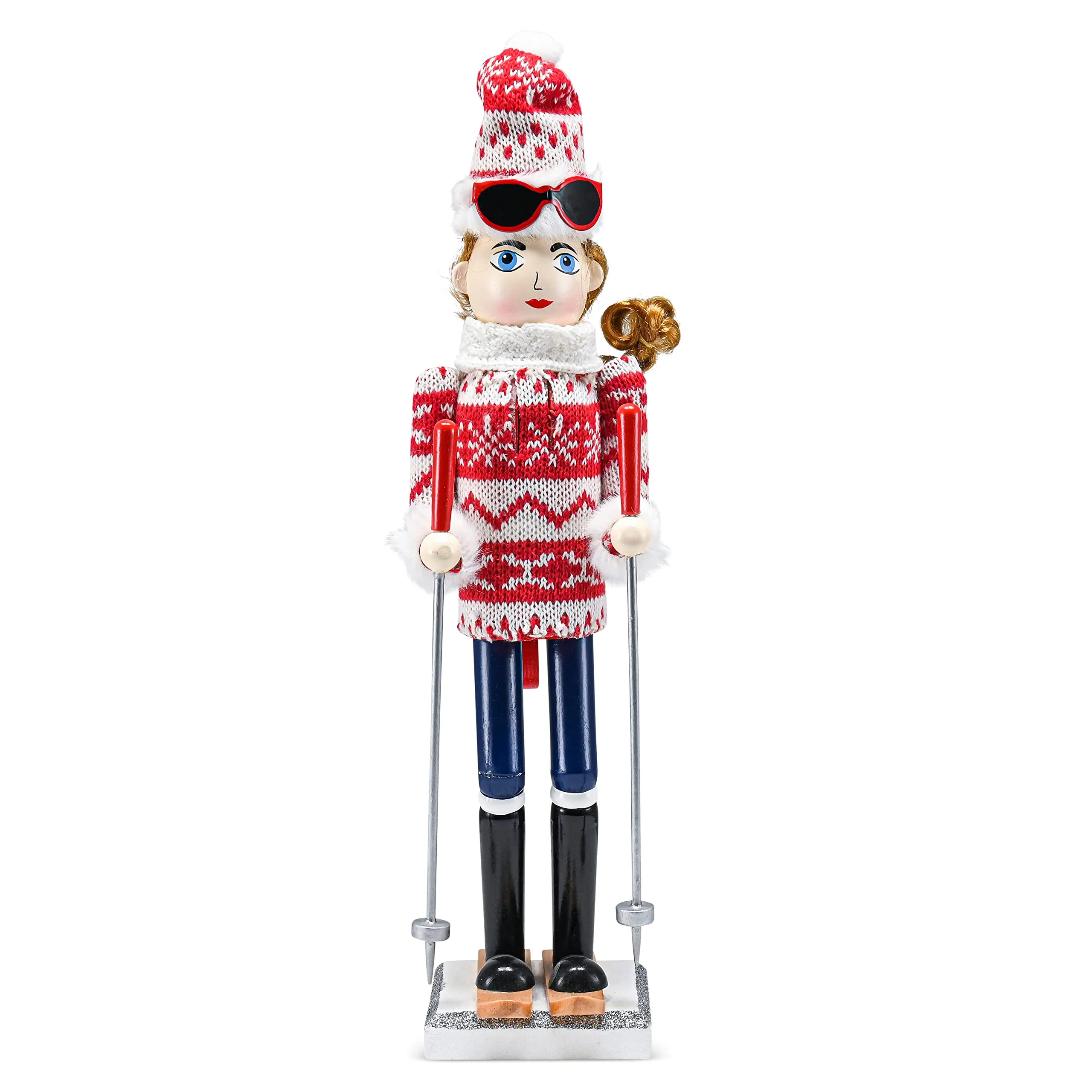 Christmas Woman Skier Nutcracker – Red and White Wooden Nutcracker Woman with Ugly Sweater and Ski Sticks in Skiing Pose Xmas Themed Holiday Nut Cracker Doll Figure Decorations