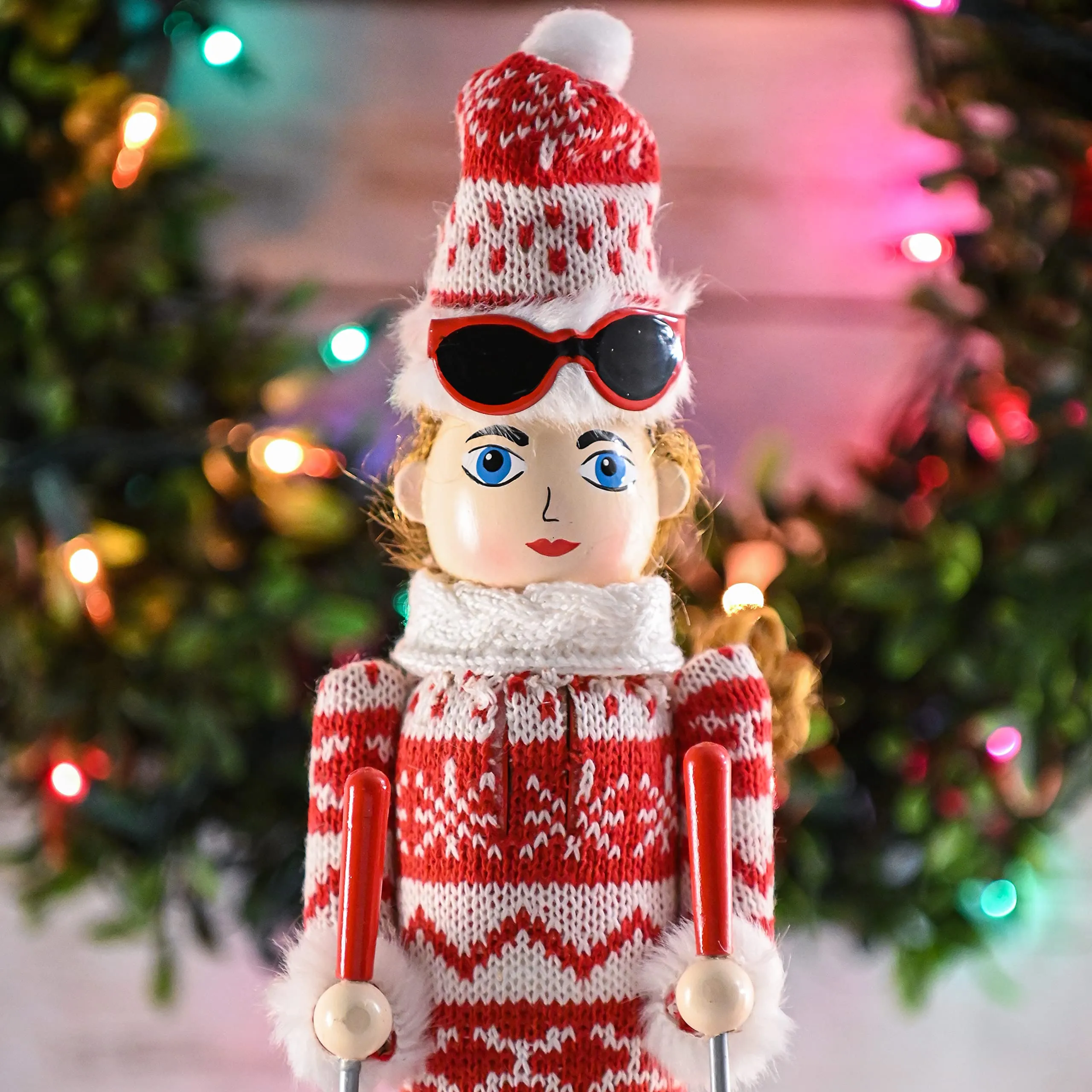 Christmas Woman Skier Nutcracker – Red and White Wooden Nutcracker Woman with Ugly Sweater and Ski Sticks in Skiing Pose Xmas Themed Holiday Nut Cracker Doll Figure Decorations