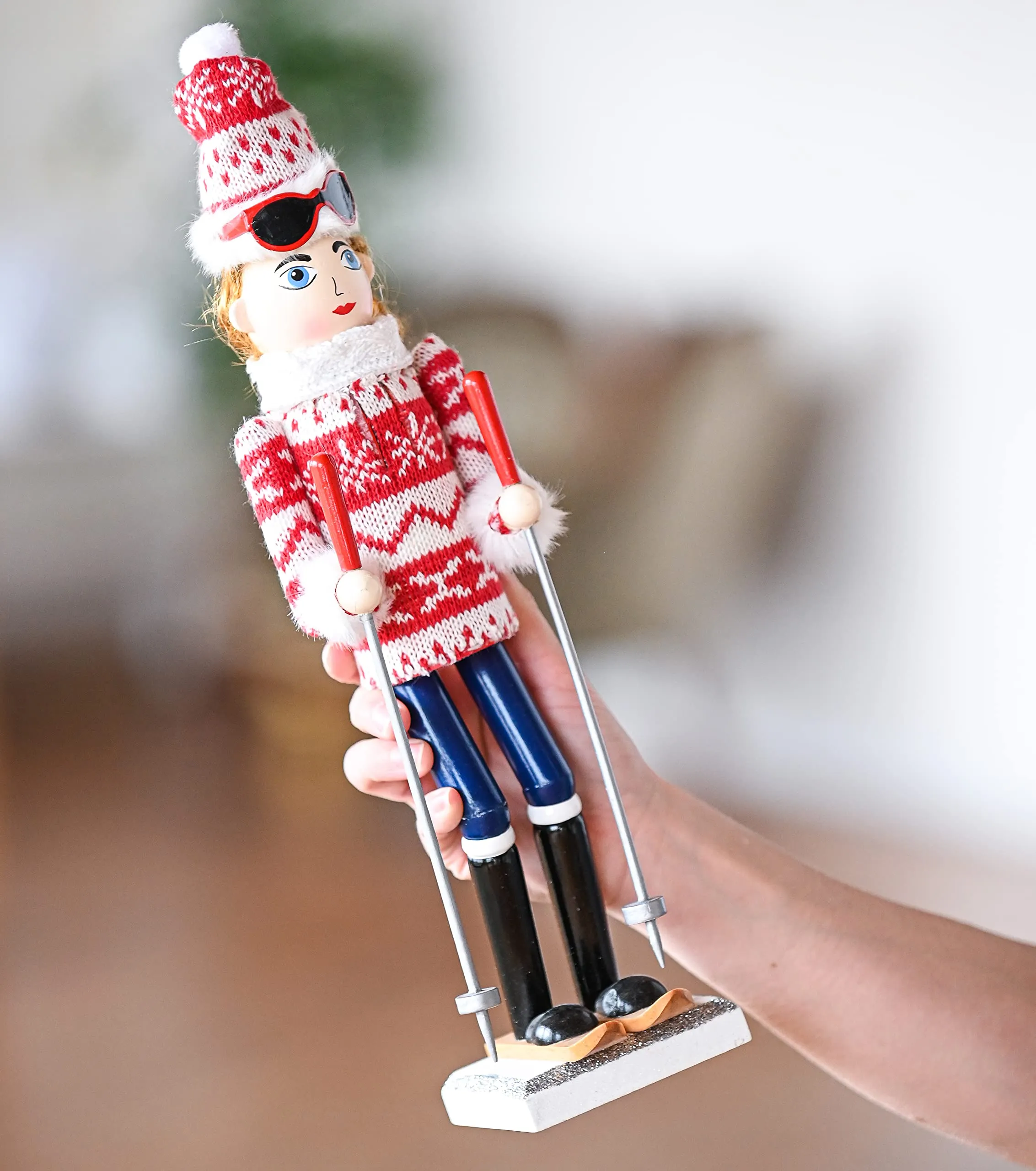 Christmas Woman Skier Nutcracker – Red and White Wooden Nutcracker Woman with Ugly Sweater and Ski Sticks in Skiing Pose Xmas Themed Holiday Nut Cracker Doll Figure Decorations