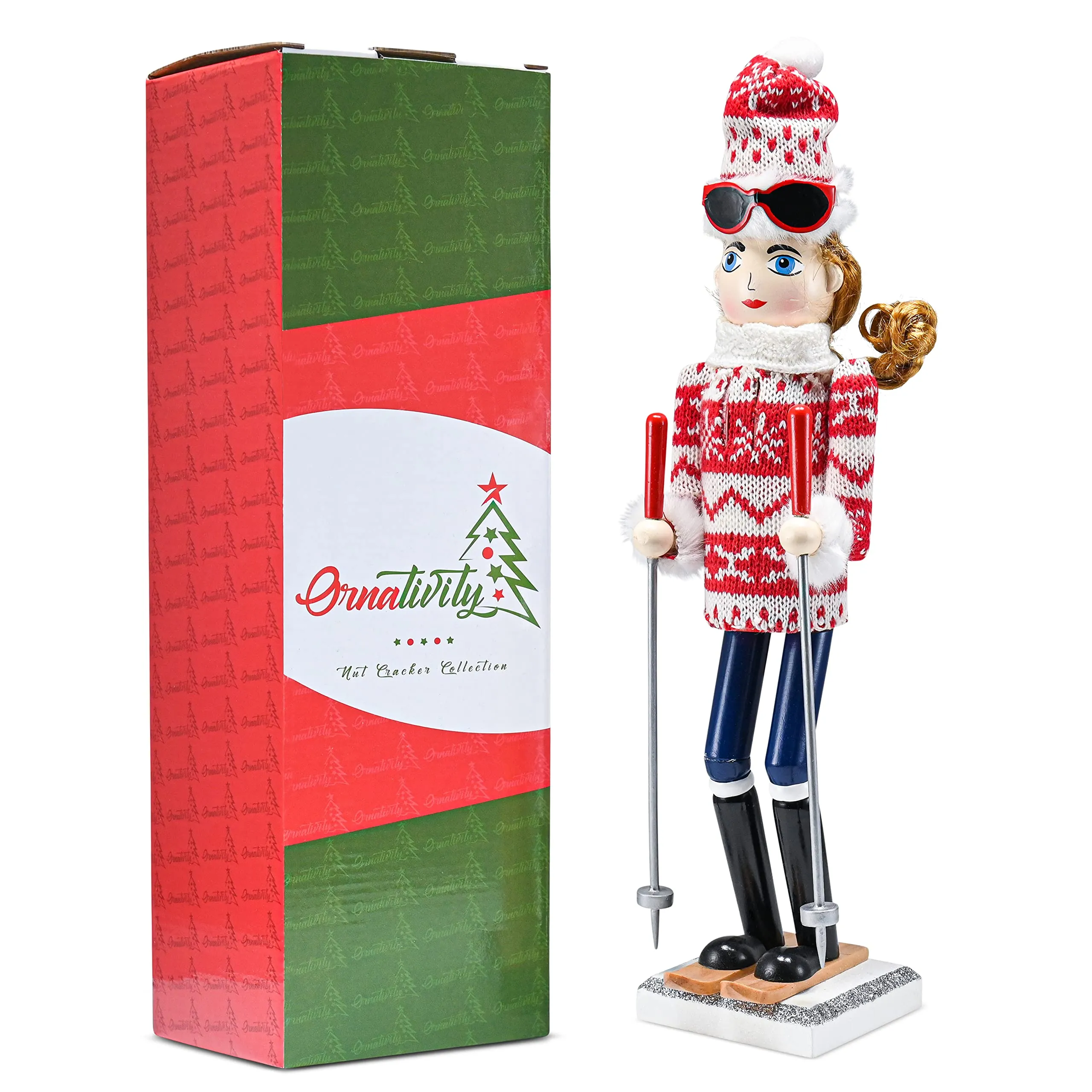 Christmas Woman Skier Nutcracker – Red and White Wooden Nutcracker Woman with Ugly Sweater and Ski Sticks in Skiing Pose Xmas Themed Holiday Nut Cracker Doll Figure Decorations