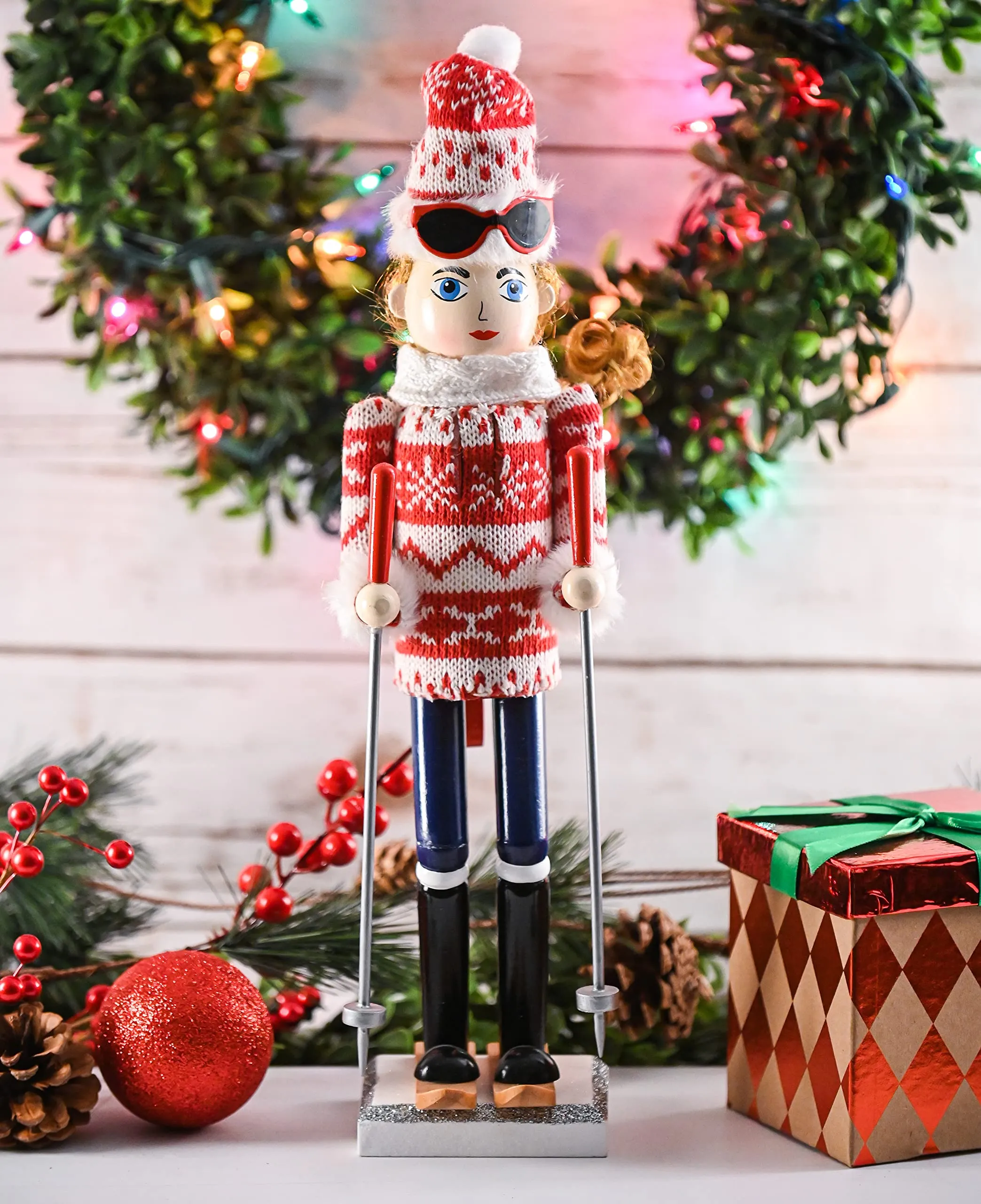 Christmas Woman Skier Nutcracker – Red and White Wooden Nutcracker Woman with Ugly Sweater and Ski Sticks in Skiing Pose Xmas Themed Holiday Nut Cracker Doll Figure Decorations