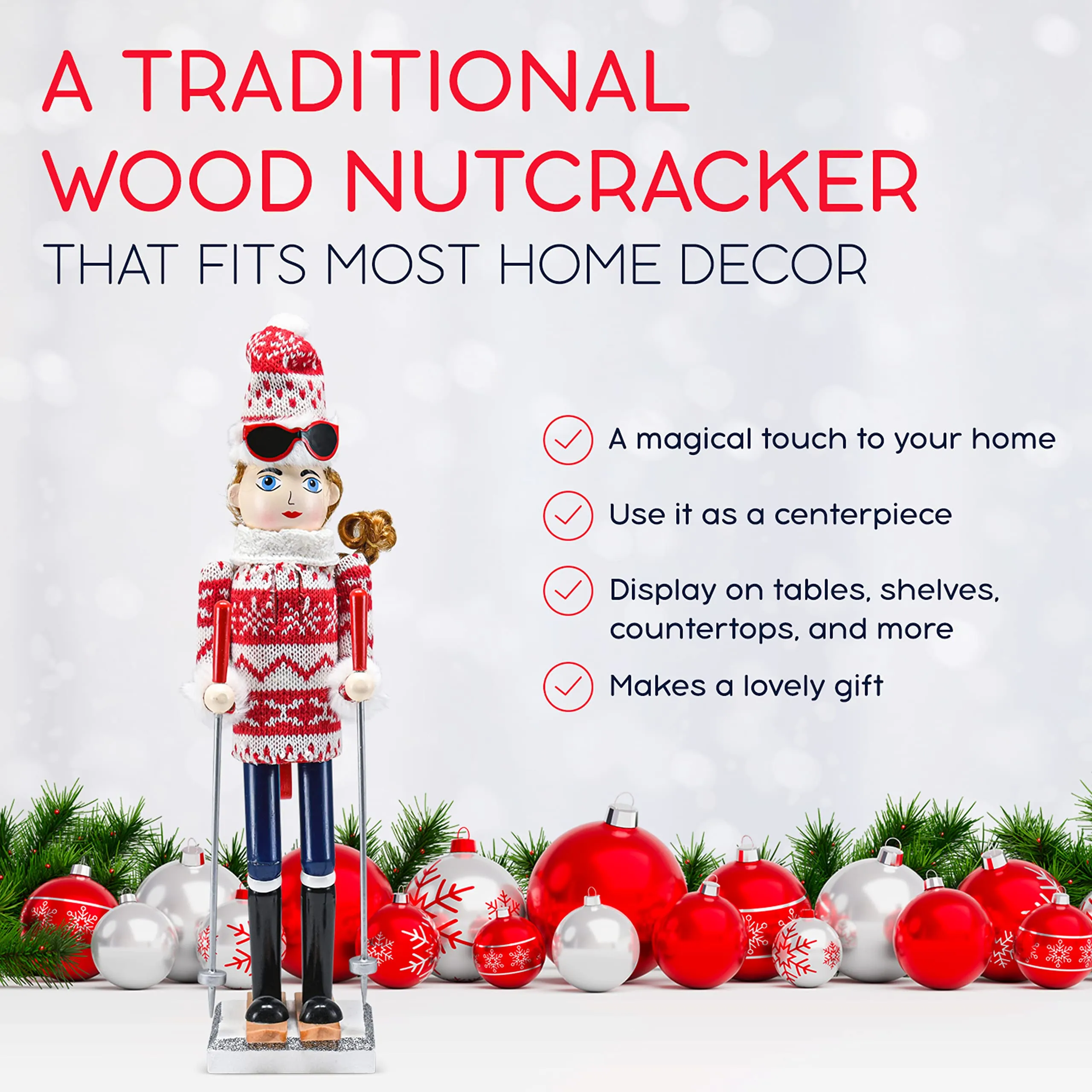 Christmas Woman Skier Nutcracker – Red and White Wooden Nutcracker Woman with Ugly Sweater and Ski Sticks in Skiing Pose Xmas Themed Holiday Nut Cracker Doll Figure Decorations